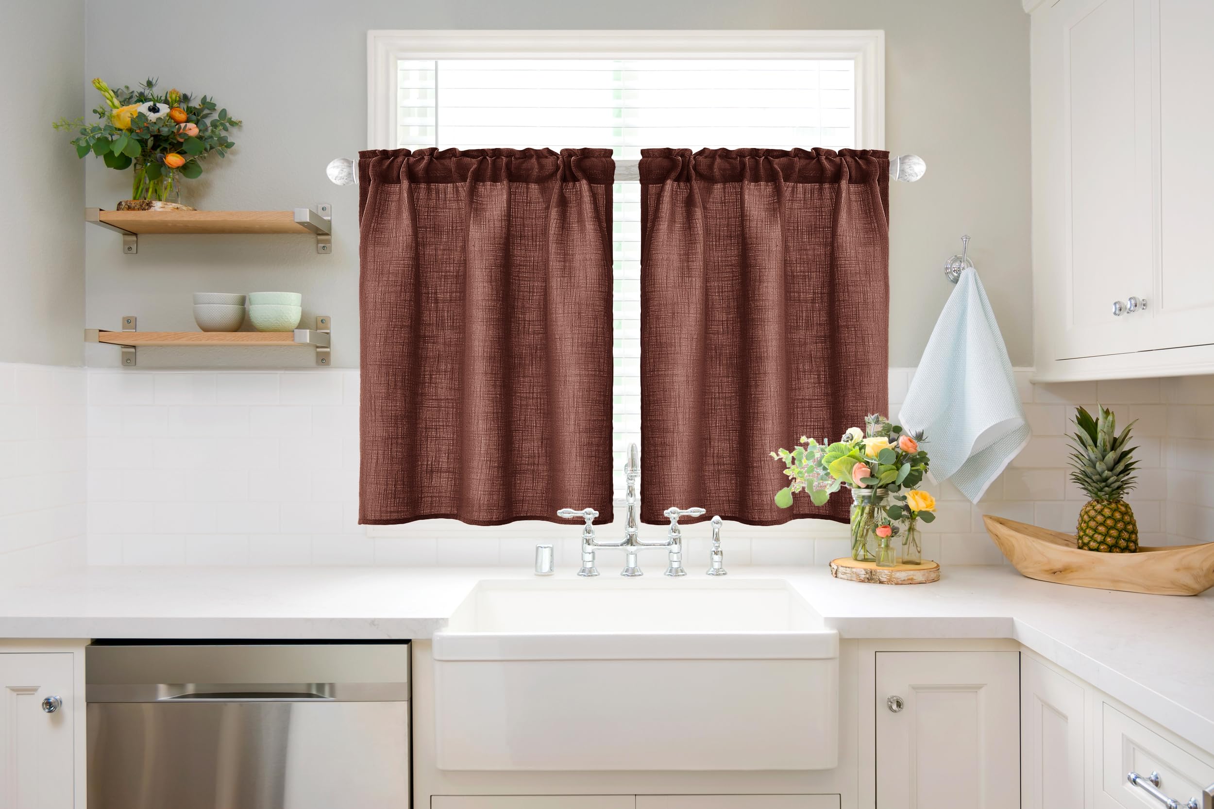 MIULEE 24 Inch Cafe Curtains - Farmhouse Style Short Linen Semi-Sheer Kitchen & Bathroom Window Treatments - Rod Pocket Tier Curtains (2 Panels, 26x24 Inches, Chocolate Brown) - Perfect for Small Windows in Kitchen, Bathroom, Basement & Breakfast Nook
