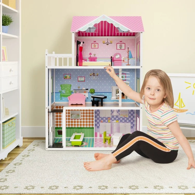 Pink Wooden Dollhouse with Functional Elevator & Rotating Staircase - Perfect for Kids' Pretend Play & Room Decor
