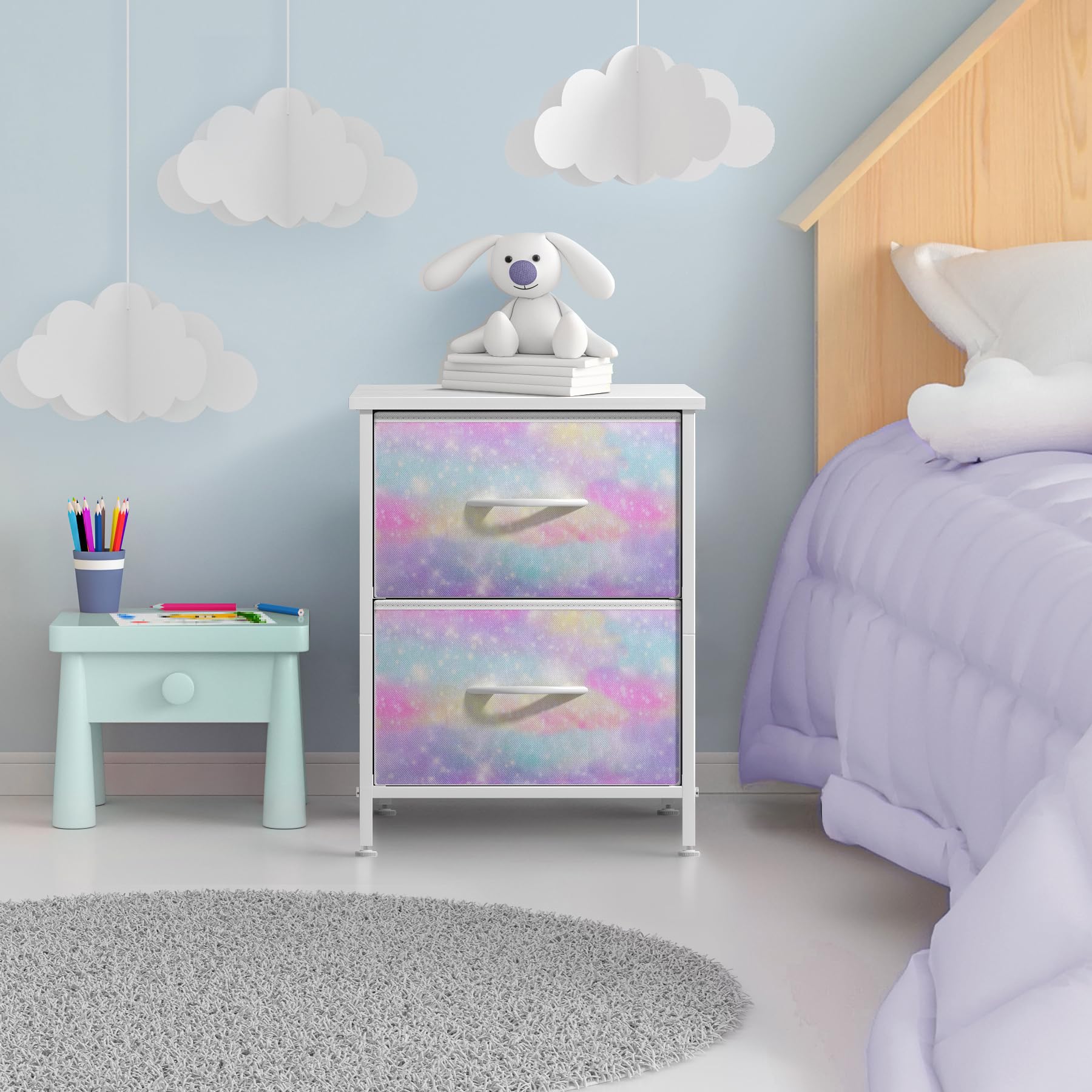 Sorbus Kids Dresser with 2 Drawers - Sturdy Steel Frame & Wood Top Storage Organizer with Tie-Dye Fabric Bins - Perfect for Clothes, Toys & Nursery Essentials - Ideal for Bedroom, Hallway, Closet & Small Apartment Organization