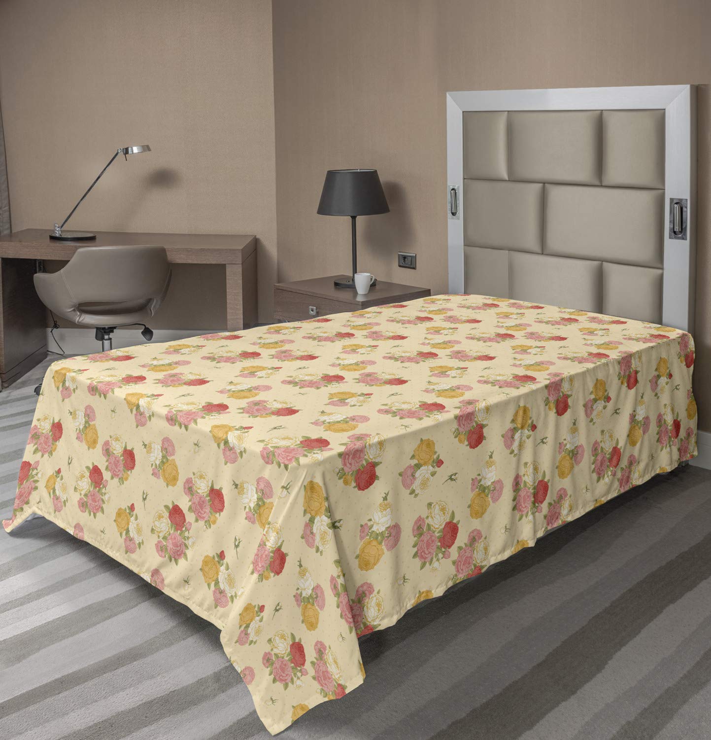 Ambesonne Floral Flat Sheet - Soft TwinXL Top Bedding with Rose Flowers & Polka Dot Pastel Design, Champagne Salmon - Perfect for Guest Rooms, Dorms & Cozy Bedroom Decor