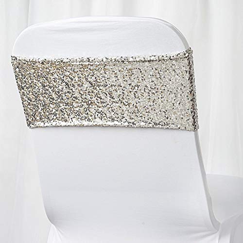 BalsaCircle 10 Silver Spandex Sequined Chair Sashes & Bows - Wedding, Party, Ceremony Decorations - Bulk Wholesale Supplies for Reception, Banquet & Bridal Shower Decor