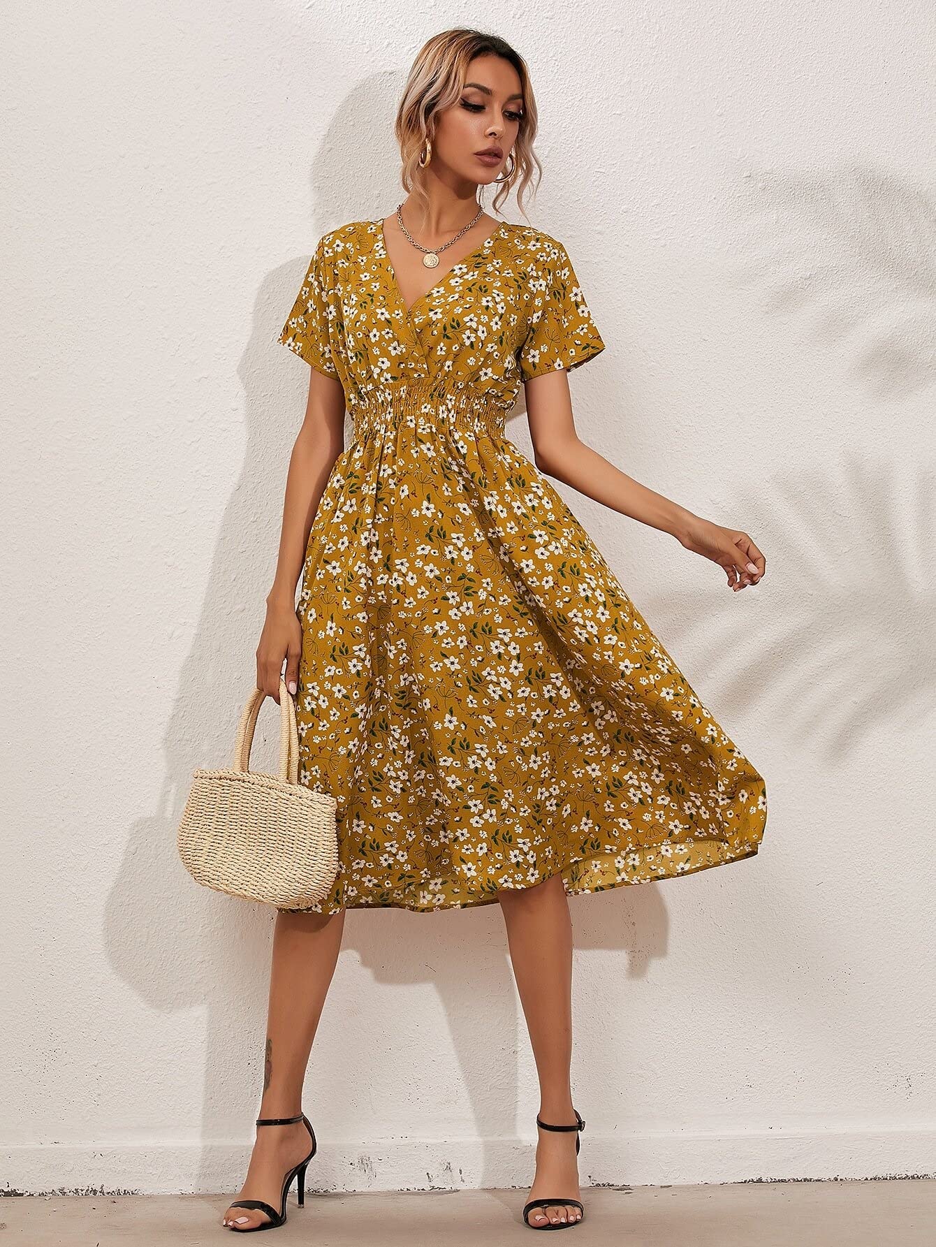Women's Floral Print Wrap Dress - Summer Casual Beach Dress with Shirred Waist for Vacation, Party & Outdoor Activities