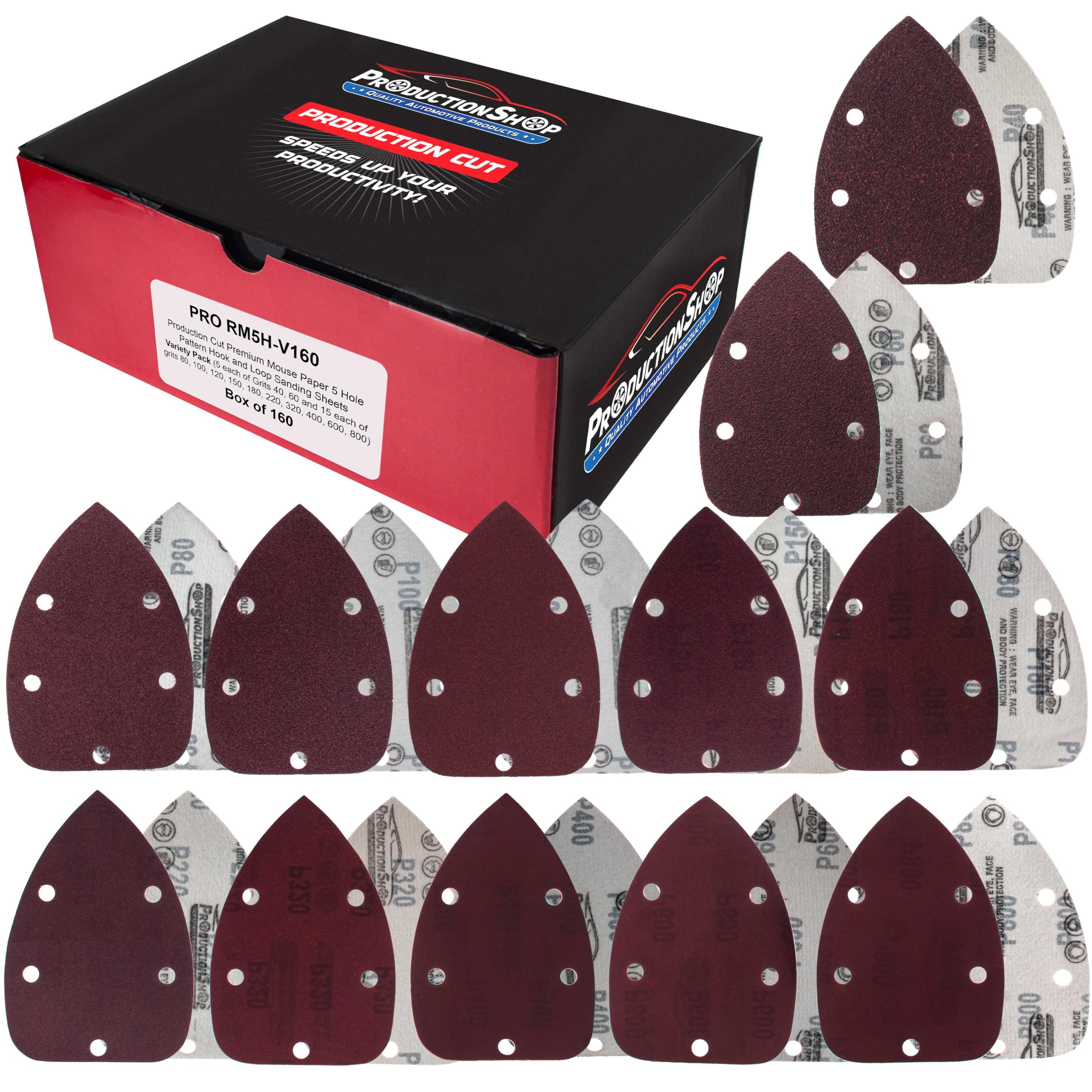 Premium 5-Hole Hook & Loop Sandpaper Discs - 160-Piece Variety Pack (40-800 Grit) for Mouse Detail Sander - Woodworking, Furniture Refinishing & DIY Projects