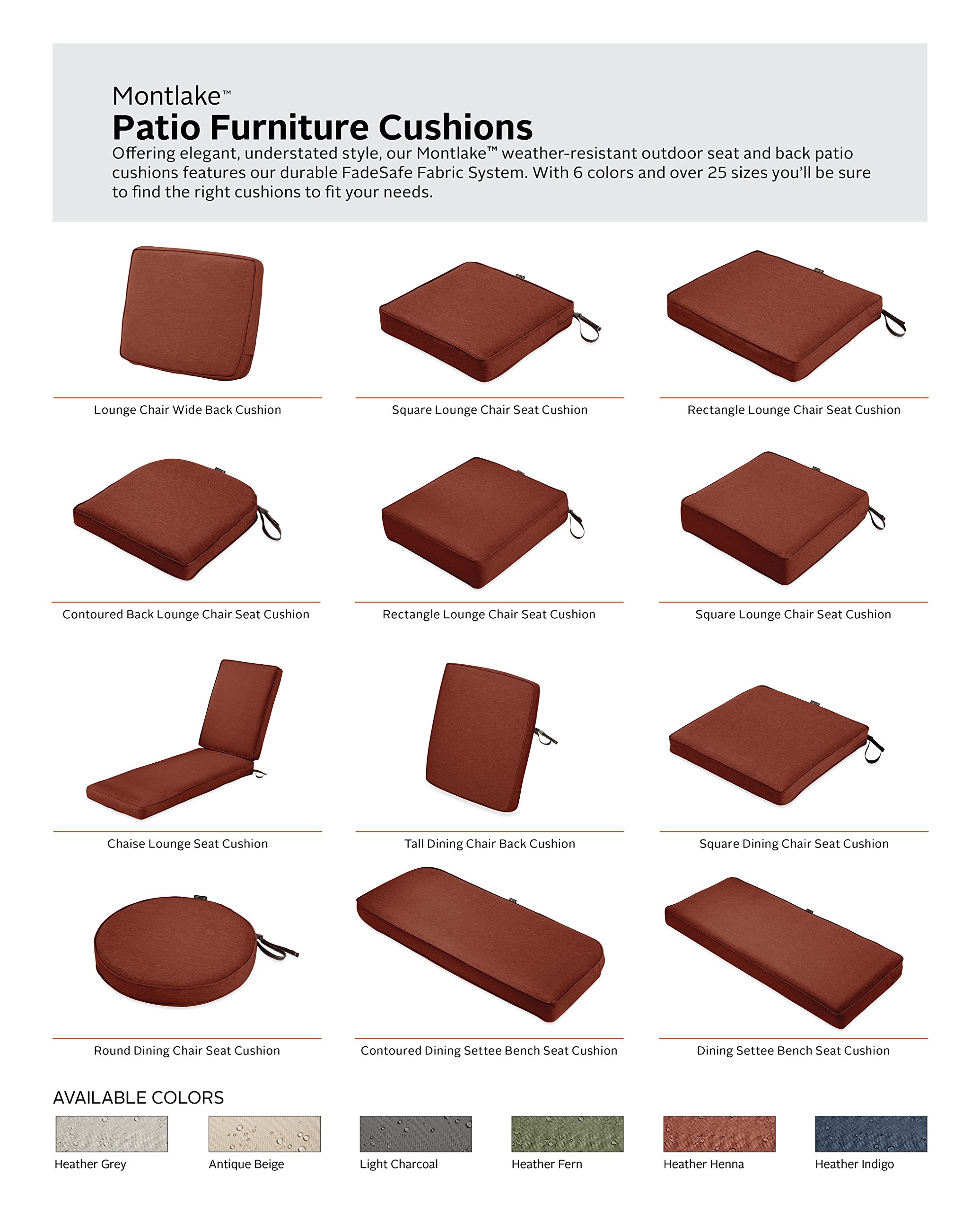 Classic Accessories Montlake Patio FadeSafe Seat Cushion Slip Cover - Henna, 25