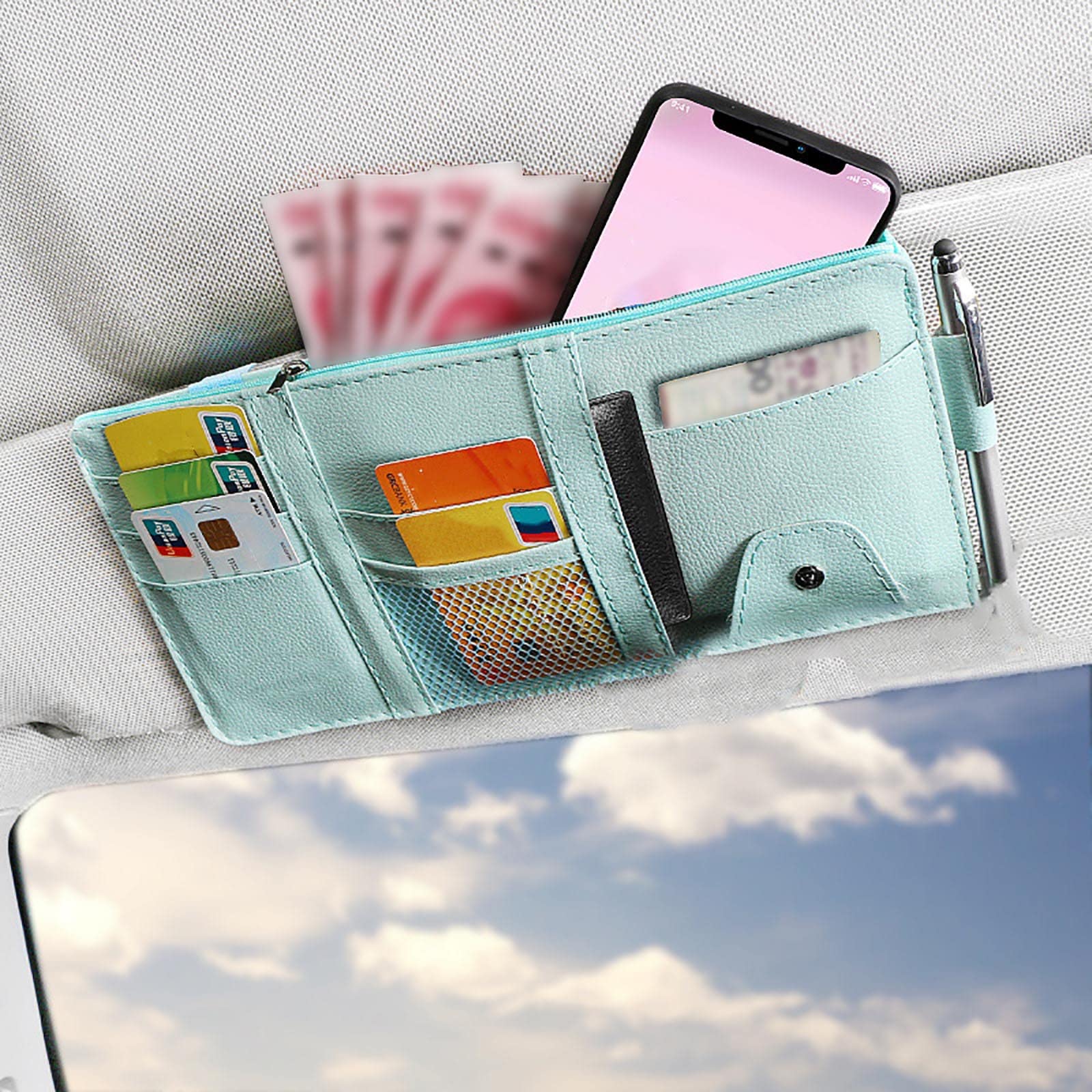 Car Sun Visor Organizer with Multi-Pocket Storage - PU Leather Auto Visor Document Holder for Credit Cards, Tickets & Travel Essentials | Perfect for Road Trips, Commuting & Vehicle Organization