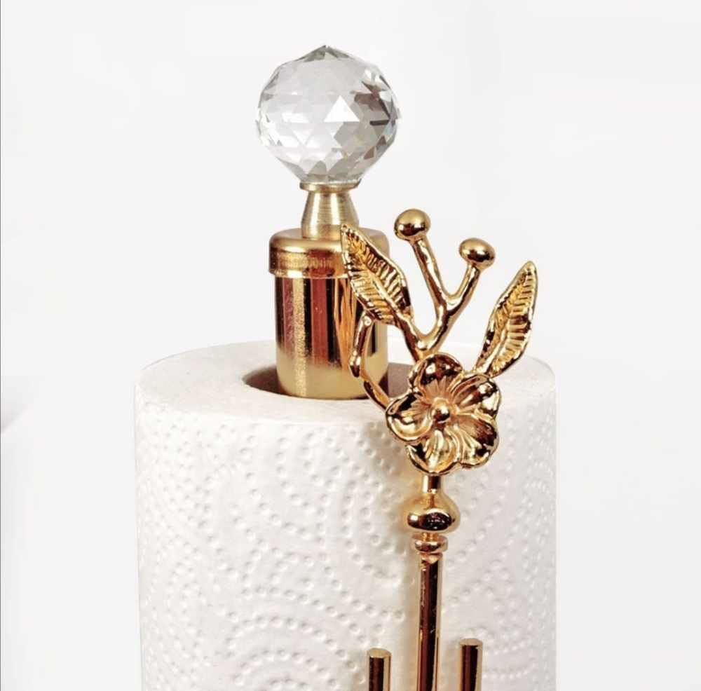 Elegant Rose Crystal Stone Paper Towel Holder - Handmade Golden Tissue Organizer for Bathroom, Kitchen & Toilet | Perfect for Home Decor and Gift Giving