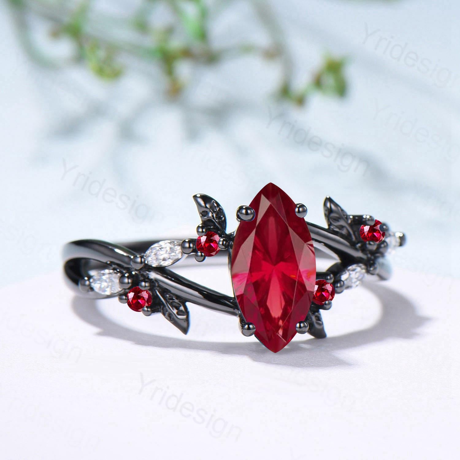 Unique Black Gold Ruby Ring with Natural Marquise Cut Ruby & Moissanite Leaves – Gothic Inspired Engagement & Wedding Ring for Women | Perfect for Vintage, Gothic, and Boho Bridal Jewelry
