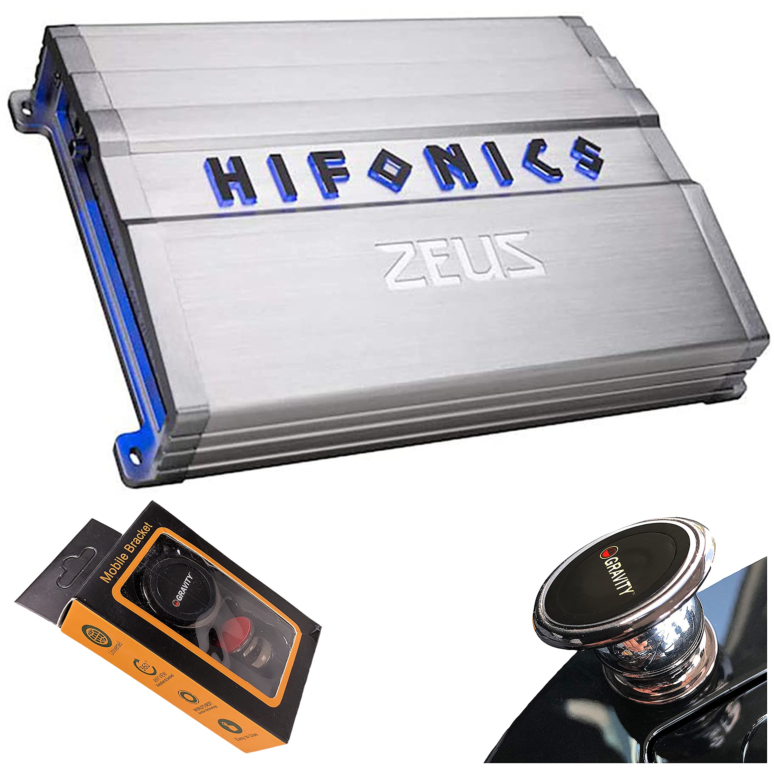 Hifonics ZG-2400.1D Zeus Gamma 2400W Monoblock Car Amplifier - 1 Channel Super D Class Subwoofer Amp with Gravity Magnet Phone Holder - Perfect for Car Audio Systems & Bass Enthusiasts