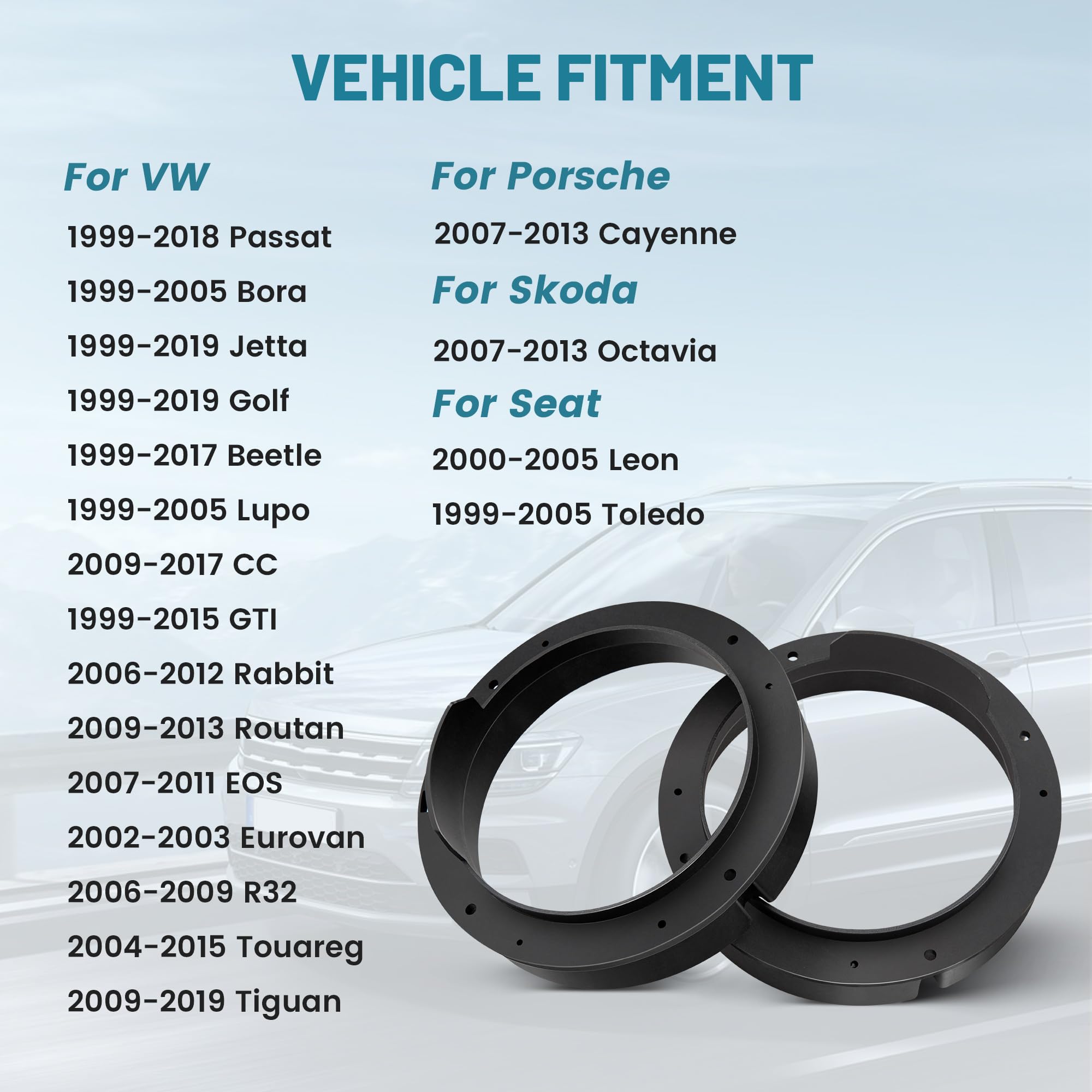 NuIth 6.5 Inch Speaker Adapter Plates - Compatible with VW (1999-2019), Porsche (2000-2006), Skoda (2005-2013), Seat (1999-2005) - Front Door Speaker Mounting Bracket Rings for Aftermarket Car Audio Installation - Perfect for DIY Car Stereo Upgrades