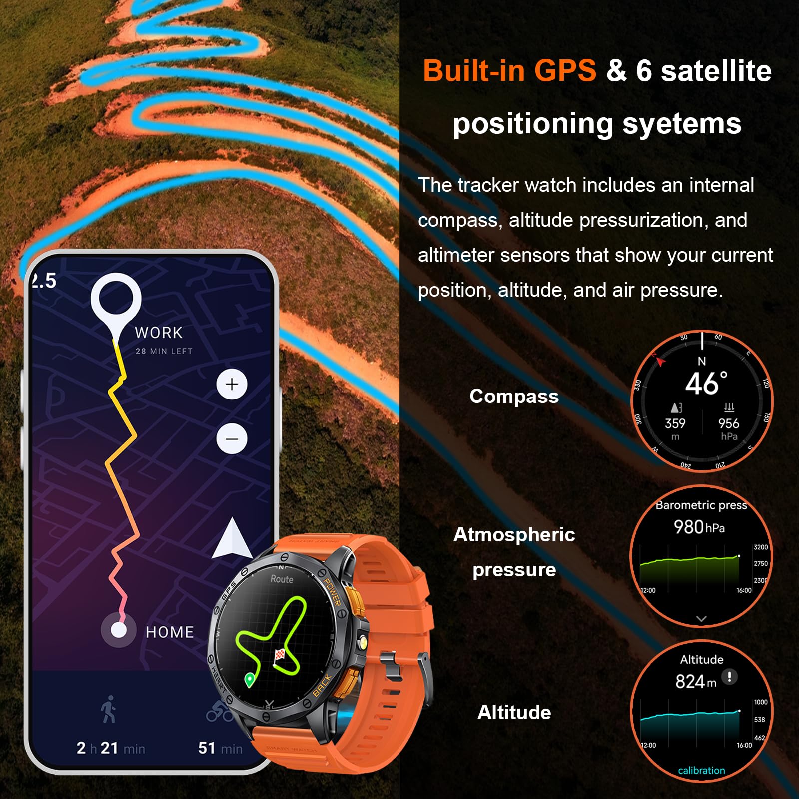 Military Smart Watch for Men - Built-in GPS, 170+ Sport Modes, AMOLED Display with Flashlight | Compatible with Android & iPhone | Bluetooth Calling, Altimeter, Barometer | Perfect for Outdoor Activities, Hiking & Fitness Tracking