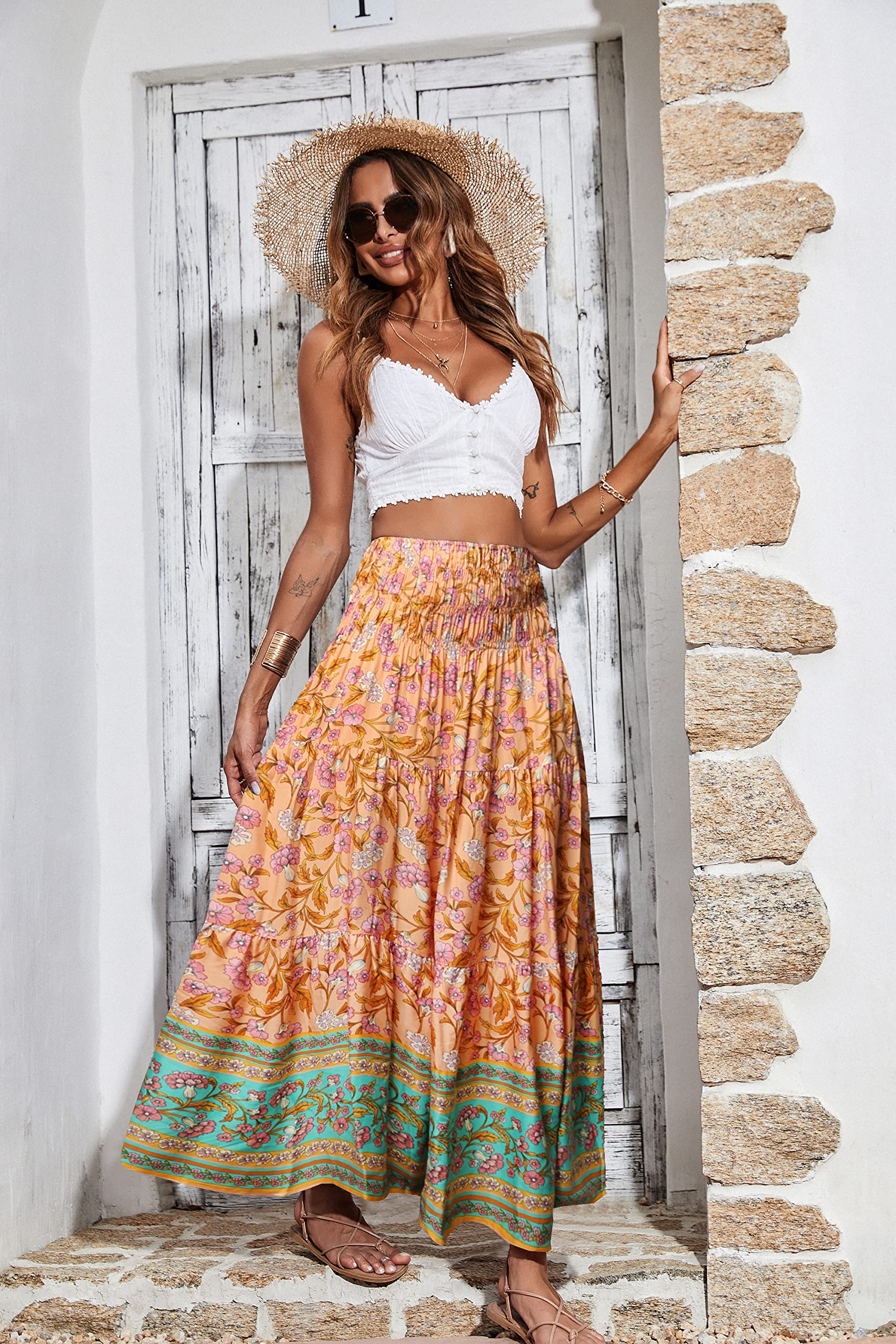 CFLONGE Women's 2025 Bohemian Long Skirts - Flowy High Waist A-Line Maxi Skirts for Summer | Beach, Festival & Casual Wear