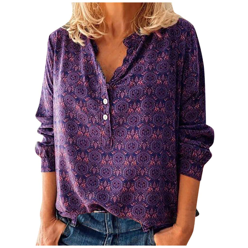 Vintage Print Women's Casual Button Long Sleeve T-Shirt - Cute Summer Blouse & Tops for Women | Perfect for Daily Wear, Office, and Weekend Outings