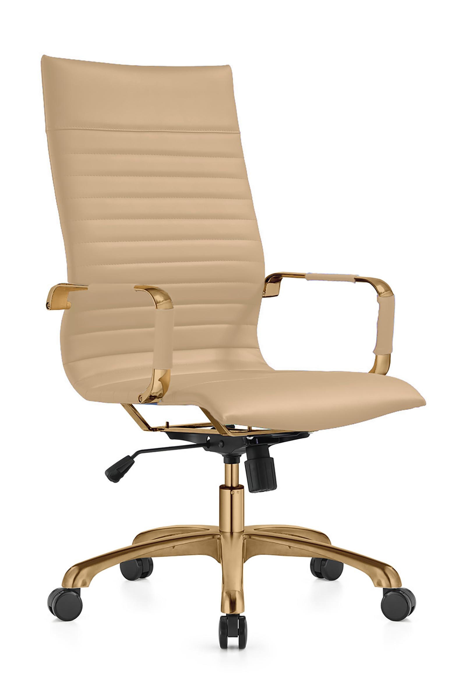 LeisureMod Harris High-Back Office Chair - Modern Leather Executive Chair with Gold Frame & 360 Swivel, Ergonomic Ribbed Design for Home Office, Study & Workspace | Perfect for Long Work Hours & Video Conferencing