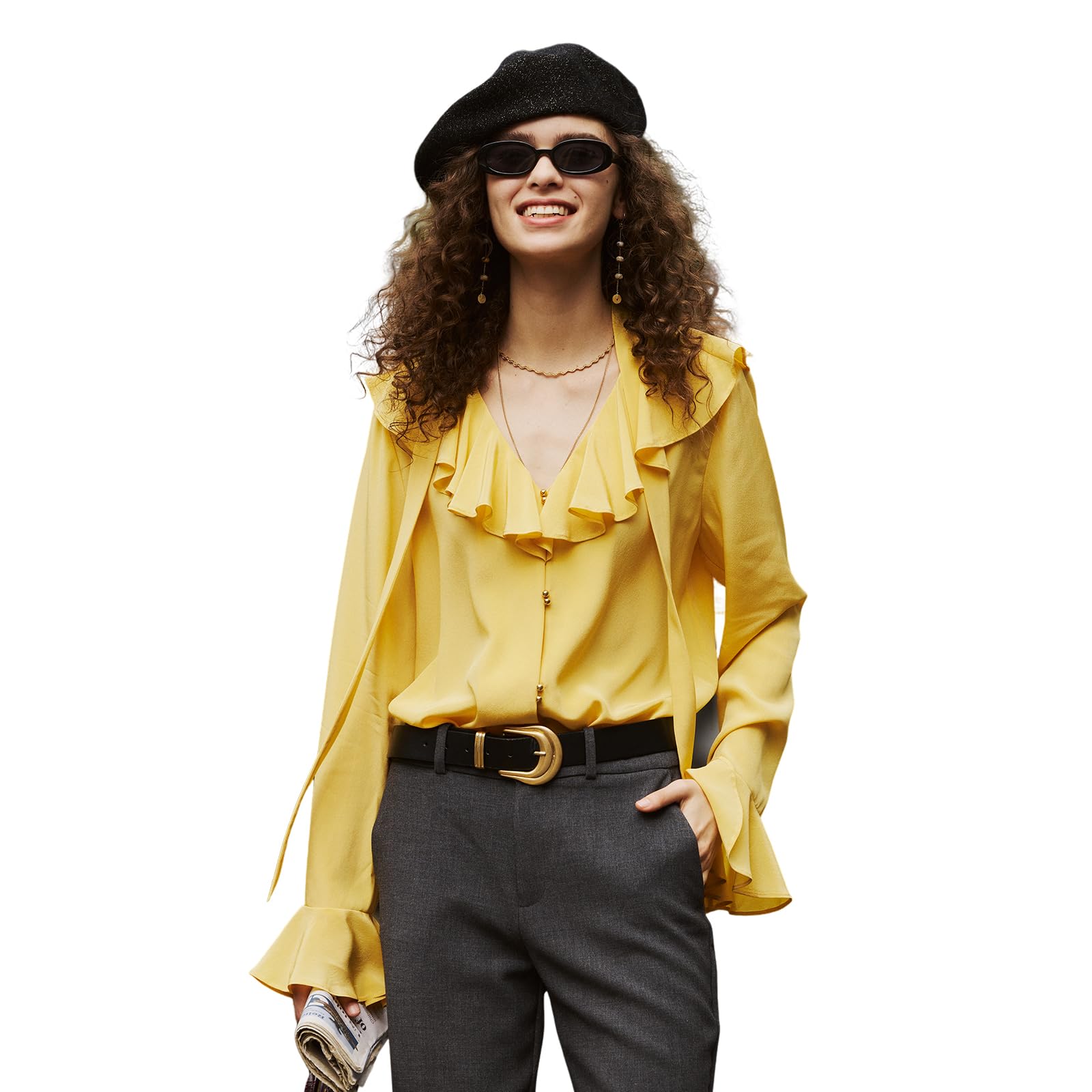 COLD POSH Women's 100% Mulberry Silk Blouse - Elegant Long Sleeve Button Down Shirt with V-Neck & Ruffle Detail | Breathable Summer Tops for Office, Dating & Special Occasions