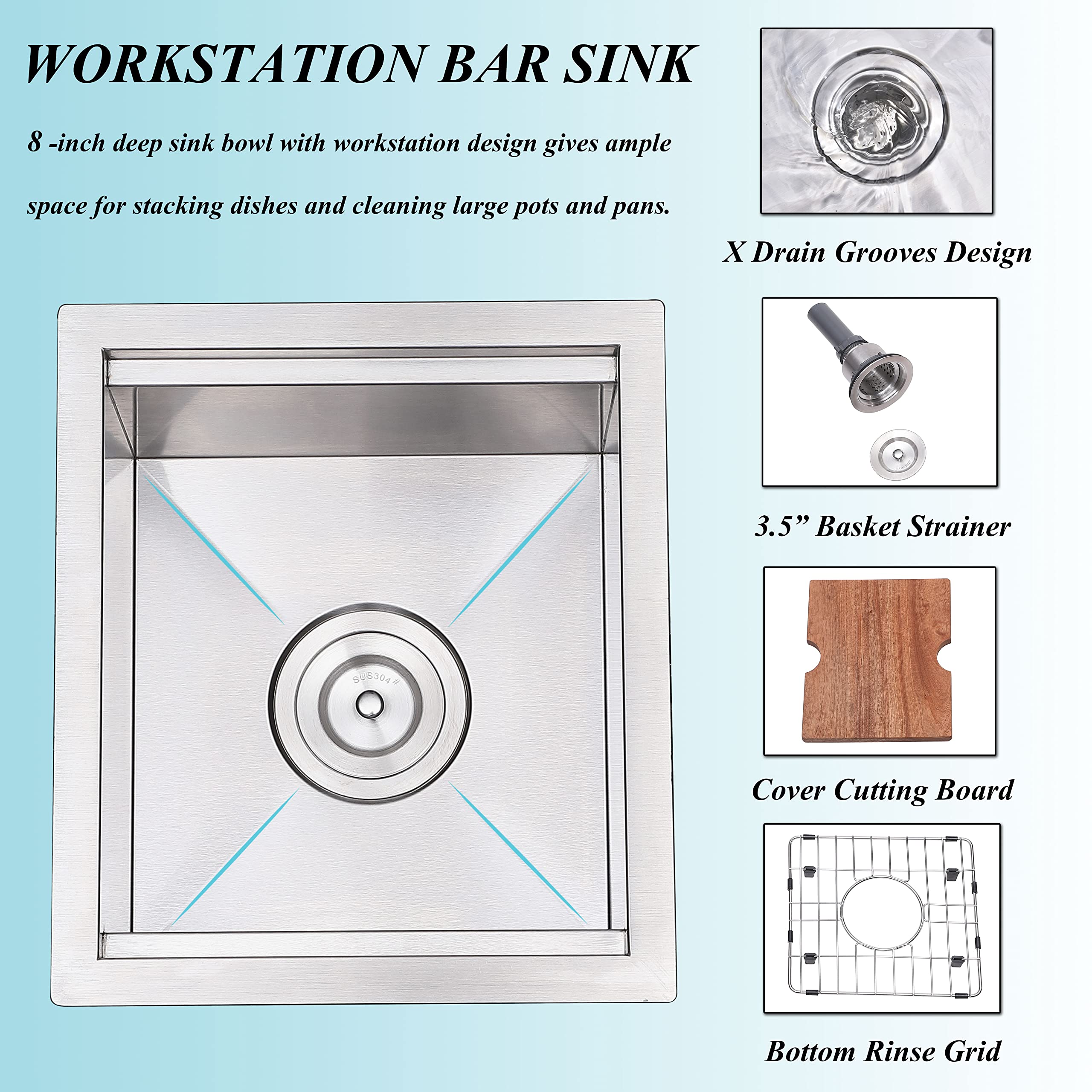 13x15 Inch Stainless Steel Undermount Bar Sink - 16 Gauge RV Kitchen Single Bowl Prep Sink with Accessories for Wet Bar, Workstation & Small Space Kitchen Use