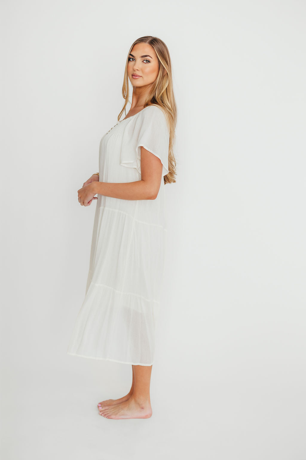 Eloise Flutter Sleeve Midi Dress in Off White - Elegant Boho Summer Dress for Women, Perfect for Beach Vacations, Garden Parties & Date Nights