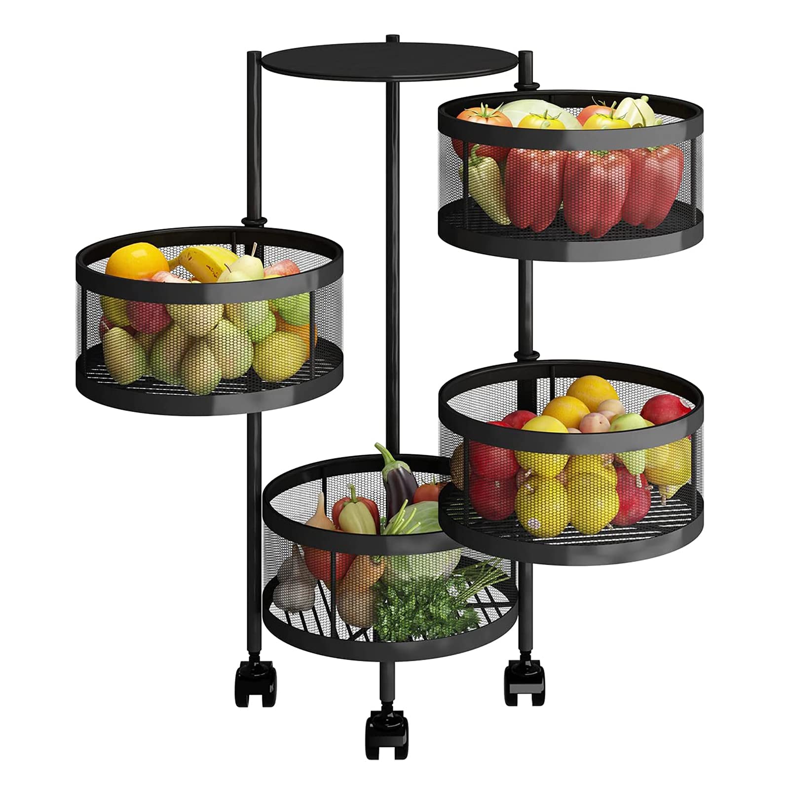 4-Tier Rolling Kitchen Fruit Basket - Black 4-Layer Storage Cart with Wheels for Fruits, Vegetables, Pantry Organization - Perfect for Supermarkets, Farmers Markets & Home Kitchen Storage