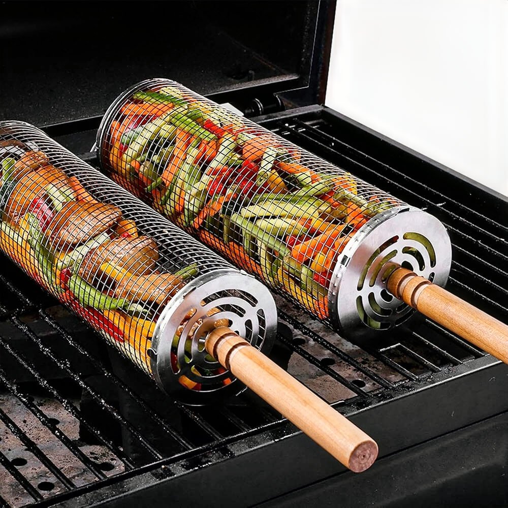Premium Emilio BBQ Grill Basket for Vegetables, Fish & Meat - Heavy Duty Stainless Steel Grilling Accessories for Outdoor Cooking, Camping & Backyard BBQ Parties