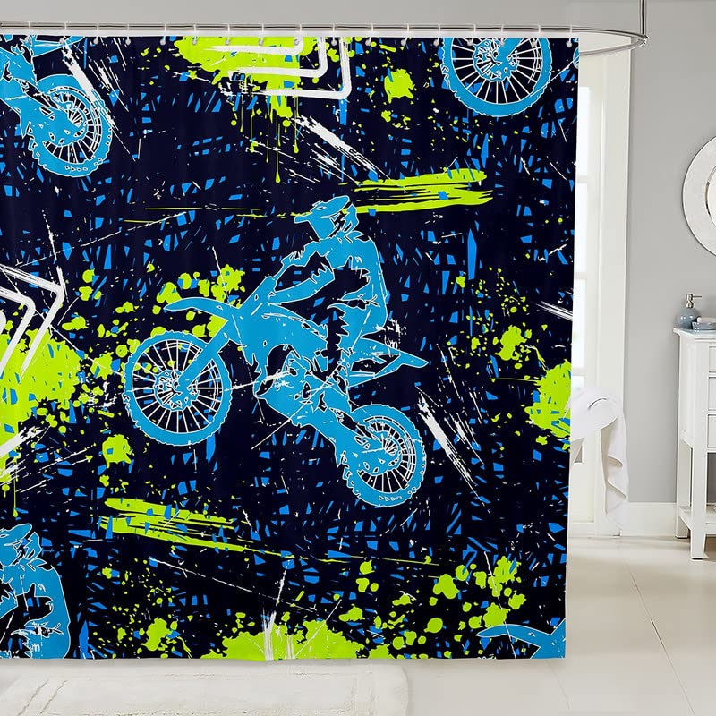 Dirt Bike Kids Shower Curtain - Extreme Sports Motocross Rider Bathroom Decor - Waterproof 72x72 Inch Polyester Shower Curtain Set for Boys & Girls - Perfect for Kids Bathroom, Teen Room, and Motocross Themed Decor