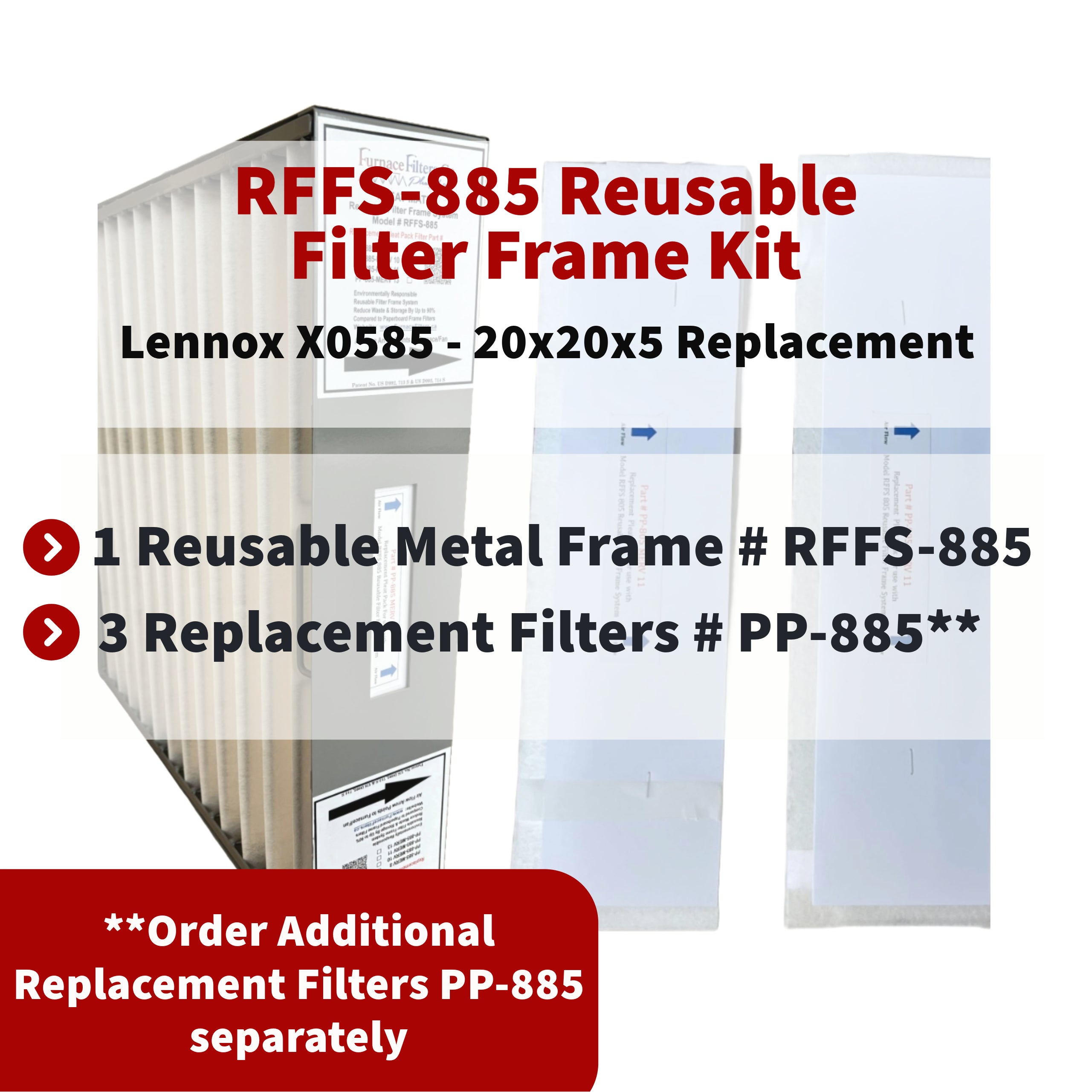 Lennox Healthy Climate X0585 20x20x5 Reusable Air Filter Frame Kit with Lifetime Frame (Model RFFS 885) & 3 MERV 11 Replacement Filters (Part PP 885) - Furnace Air Purification for Home HVAC Systems