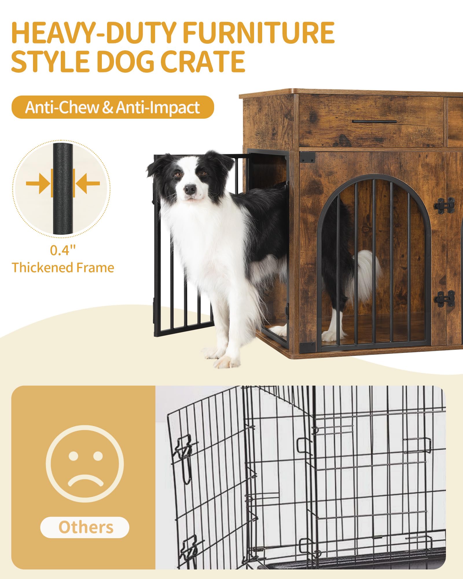 39.4'' Rustic Brown Wooden Dog Crate Furniture with 2 Drawers & Charging Station - Indoor Kennel for Medium/Large Dogs, Multi-Functional Side End Table - Perfect for Living Room, Bedroom or Office Pet Space