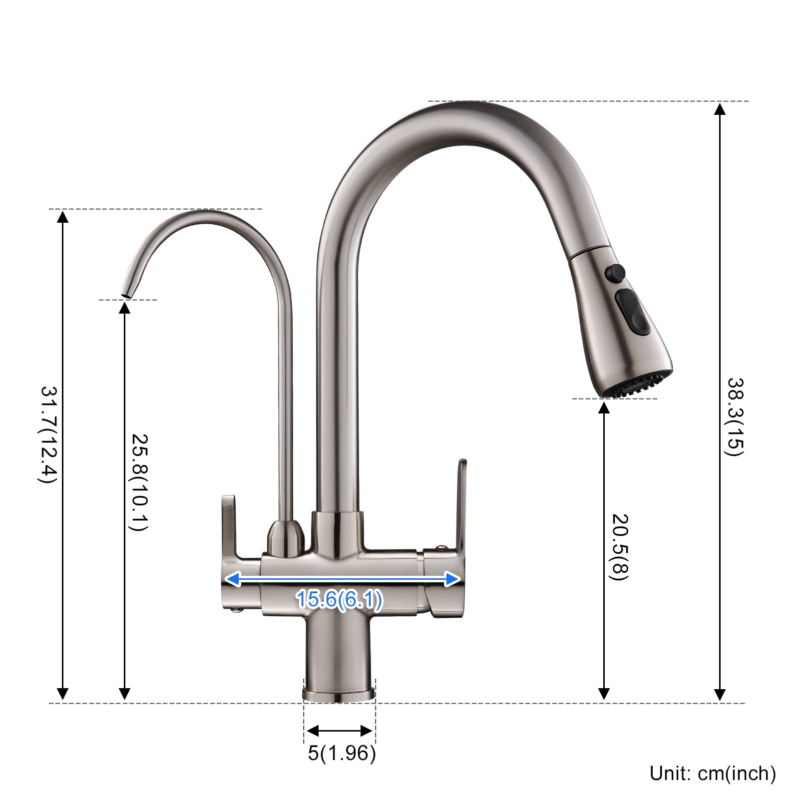 TSIBOMU 3-in-1 Pull Down Kitchen Faucet with Drinking Water Filter - Brushed Nickel Finish | 2 Handle Design for Easy Control | Perfect for Modern Kitchens, Cooking & Dishwashing