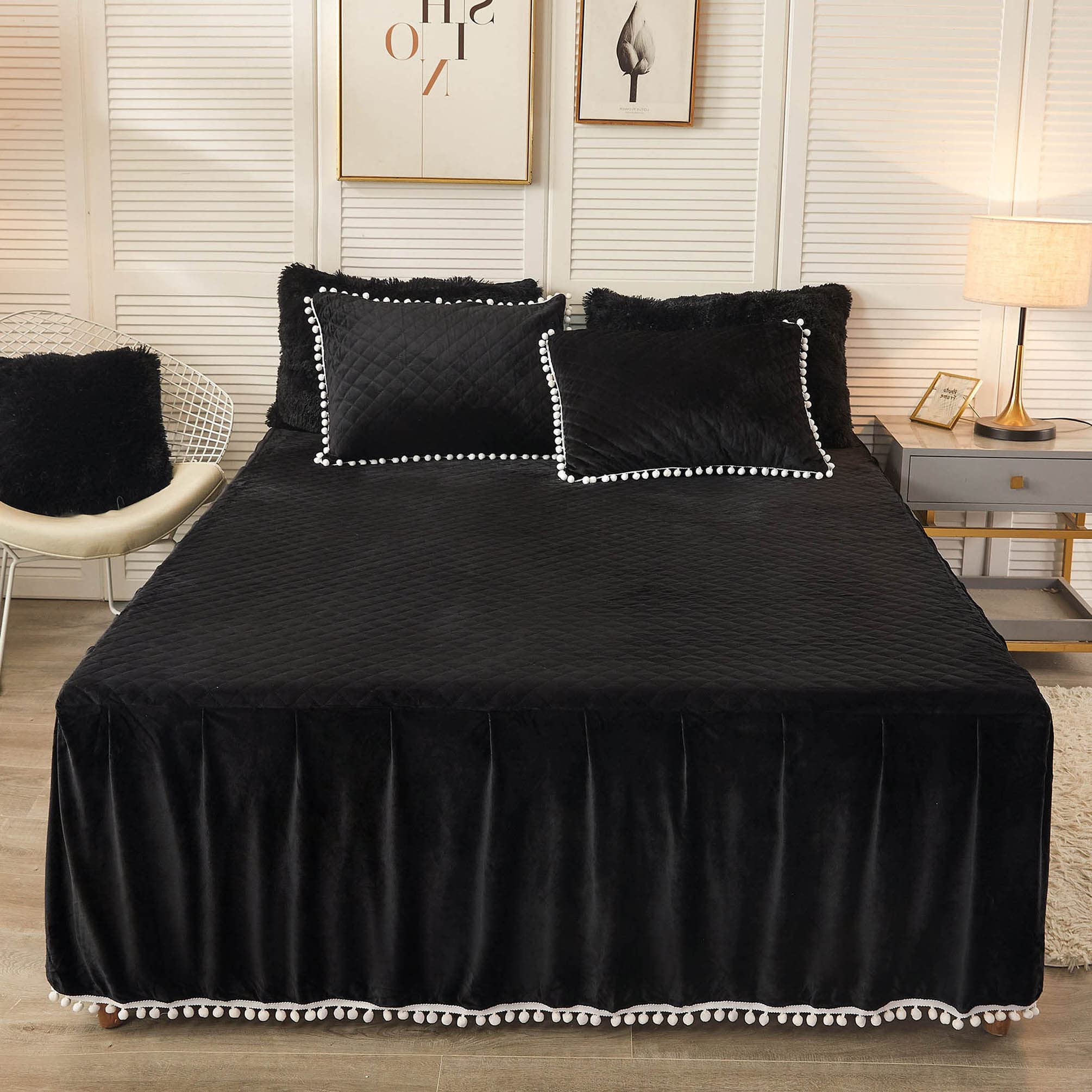 Luxury Velvet Bed Skirt with Pom Poms & Diamond Quilting - 18 Inch Drop Dust Ruffle Wrap Around Fitted Bed Sheet (Full/Queen, Black) | Elegant Bedroom Decor for Master Suite & Guest Room