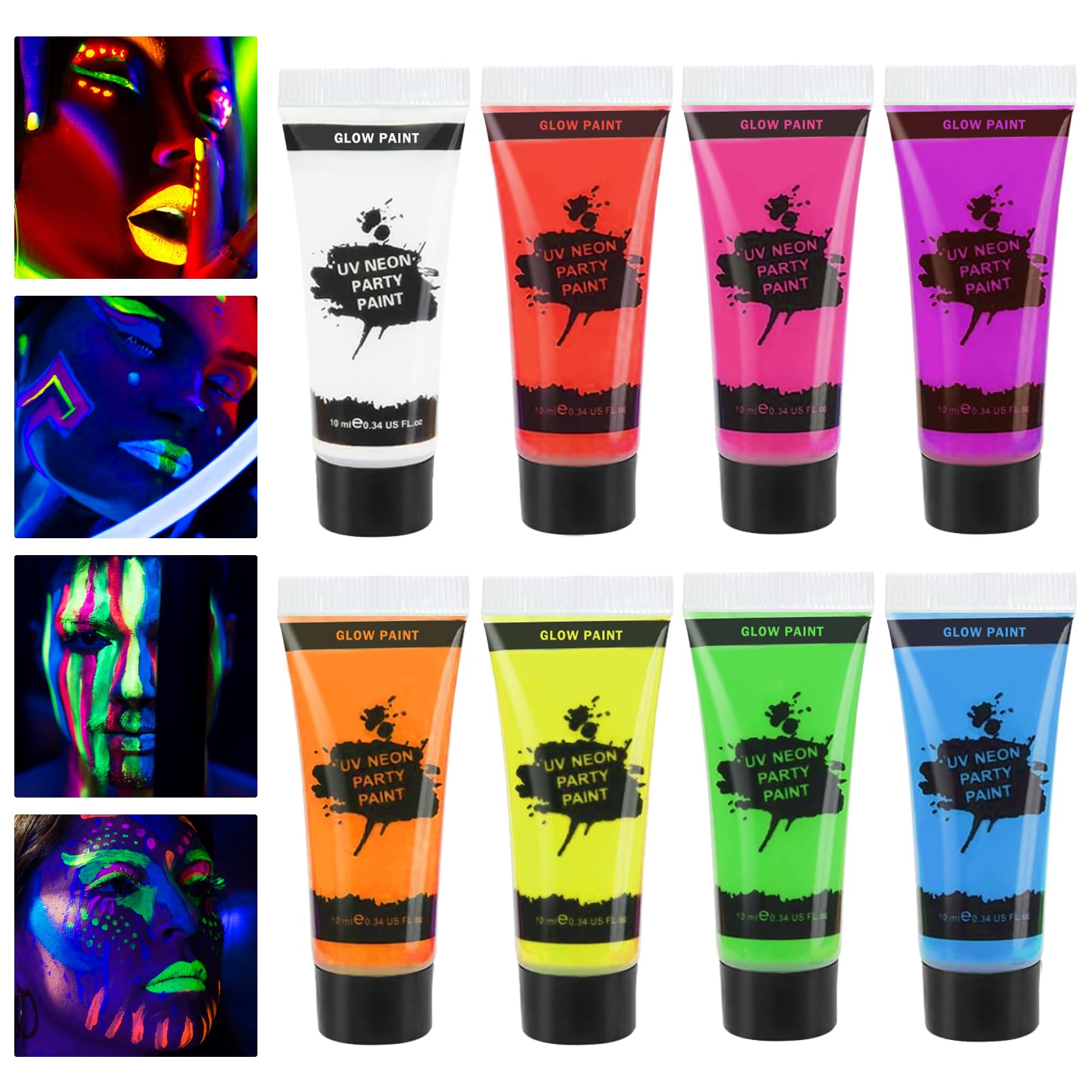Glow in the Dark Face Paint & Body Paint Set - 8 Neon Colors for UV Blacklight, Halloween & Festival Makeup - Safe for Kids & Adults - Perfect for Parties, Raves & Costume Events