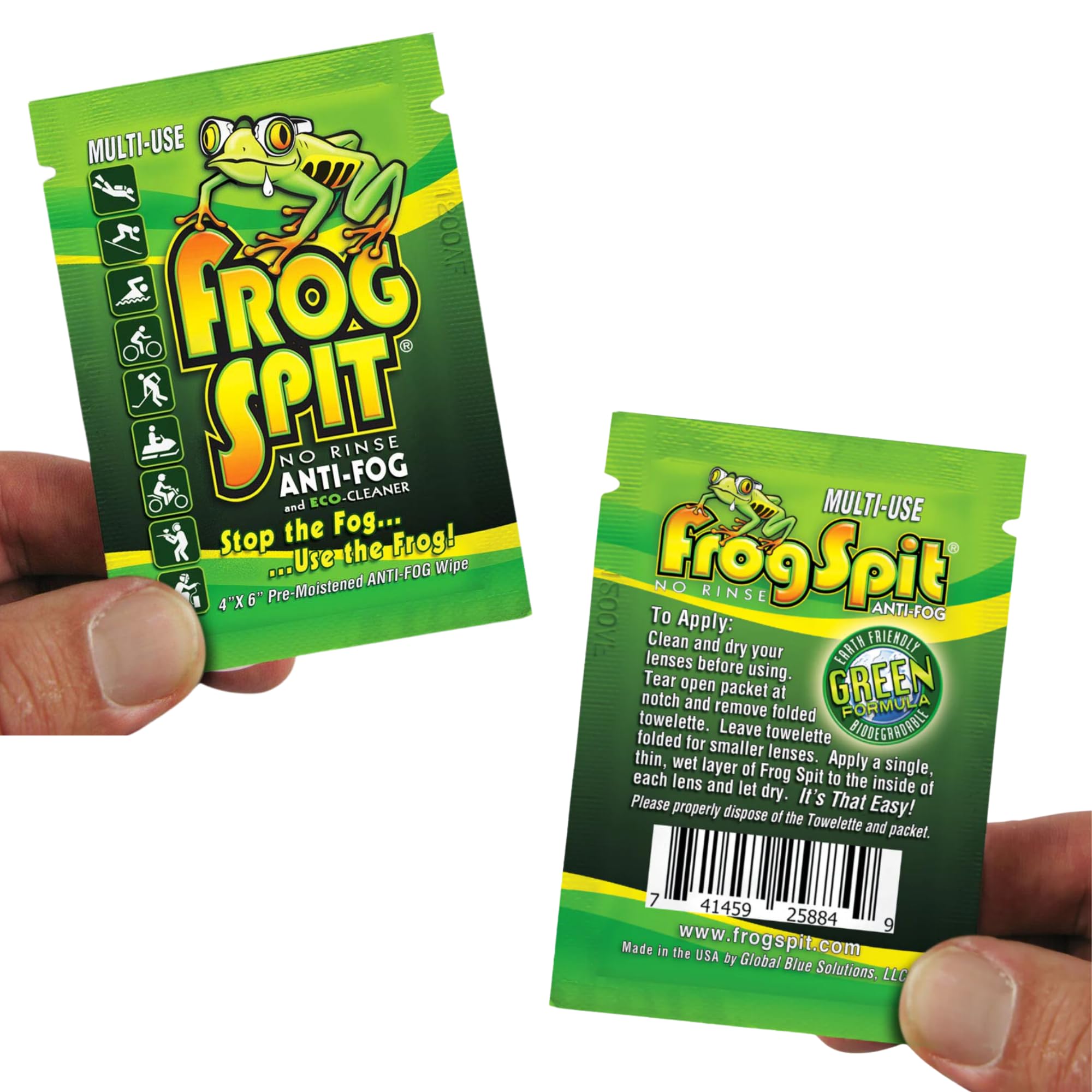 Anti-Fog Wipes for Glasses & Goggles - 100 Pack Pre-Moistened Frog Spit Wipes | Individually Wrapped Travel Size | Works on Face Masks & Helmet Shields | Perfect for Skiing, Swimming & Outdoor Activities