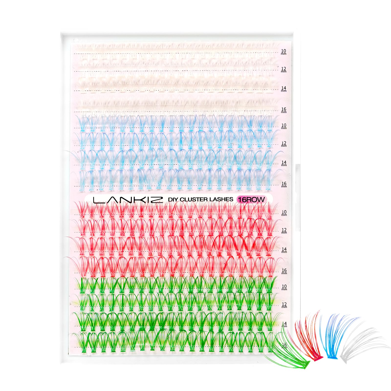 LANKIZ 320Pcs Colored Eyelash Clusters - Blue Purple Gradient, Pink, White, Green DIY Lash Extensions | 20D 10-16mm Mixed Length Wispy Lashes for Home Use & Party Makeup