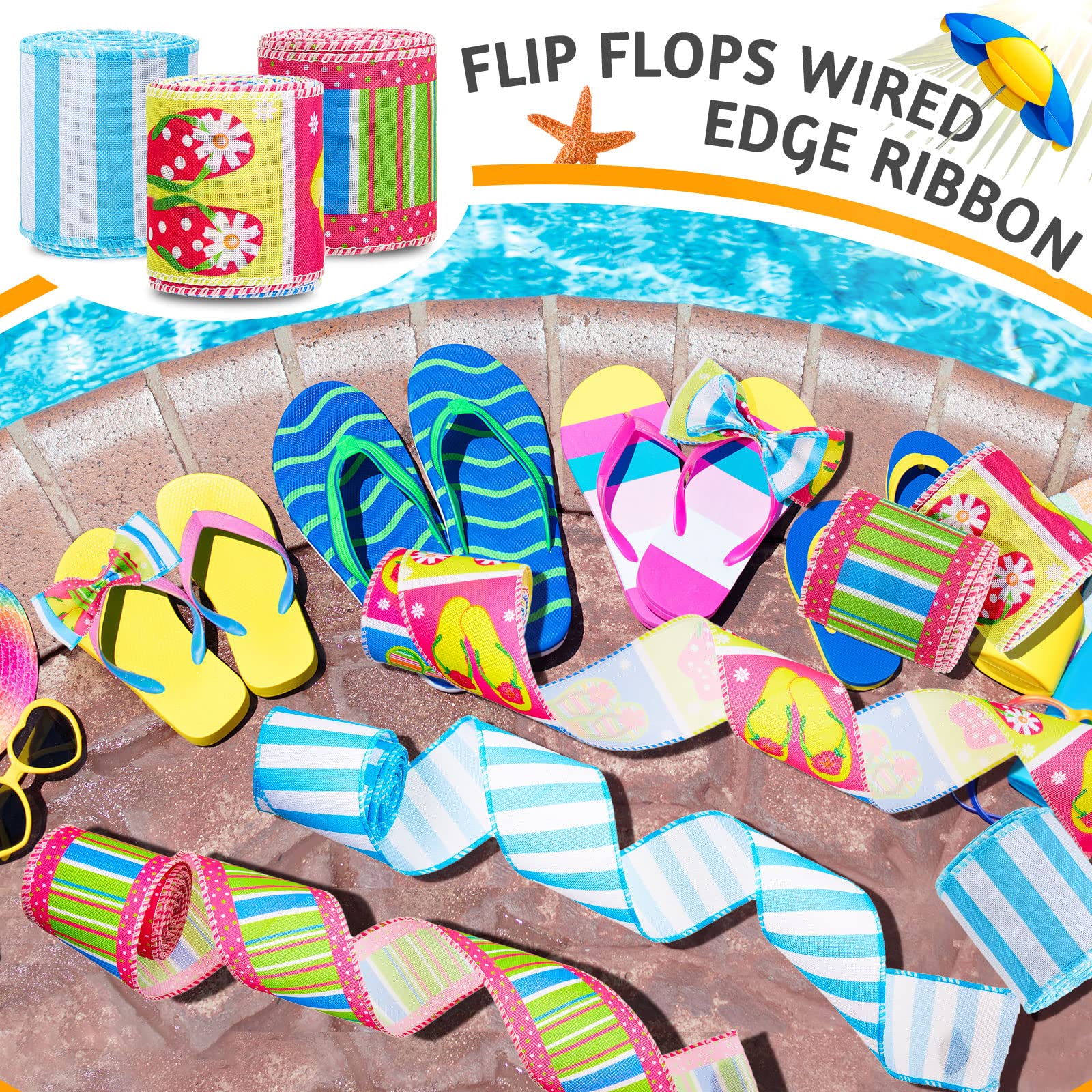 3 Rolls 18yds Summer Wired Ribbon - Polka Dot Stripe for Wreaths & DIY Crafts