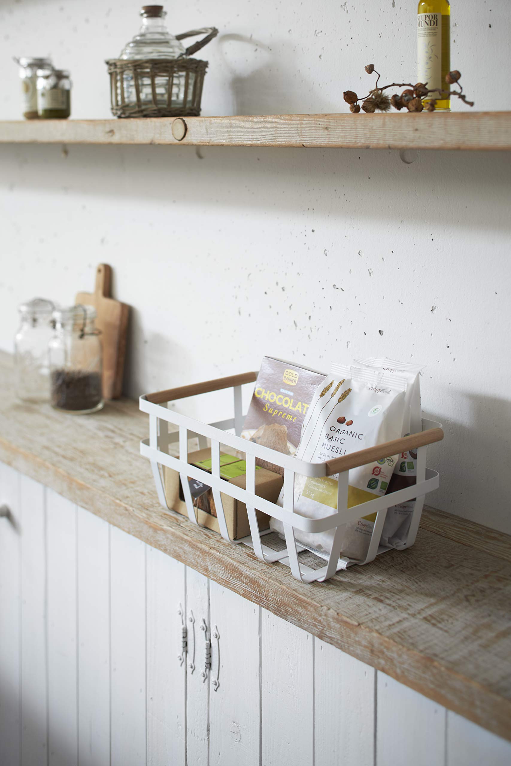 YAMAZAKI Home 2507 White Storage Basket with Dual Handles - Small Wood Handle Organizer for Bathroom, Kitchen, and Closet Storage - Compact Home Organization Solution