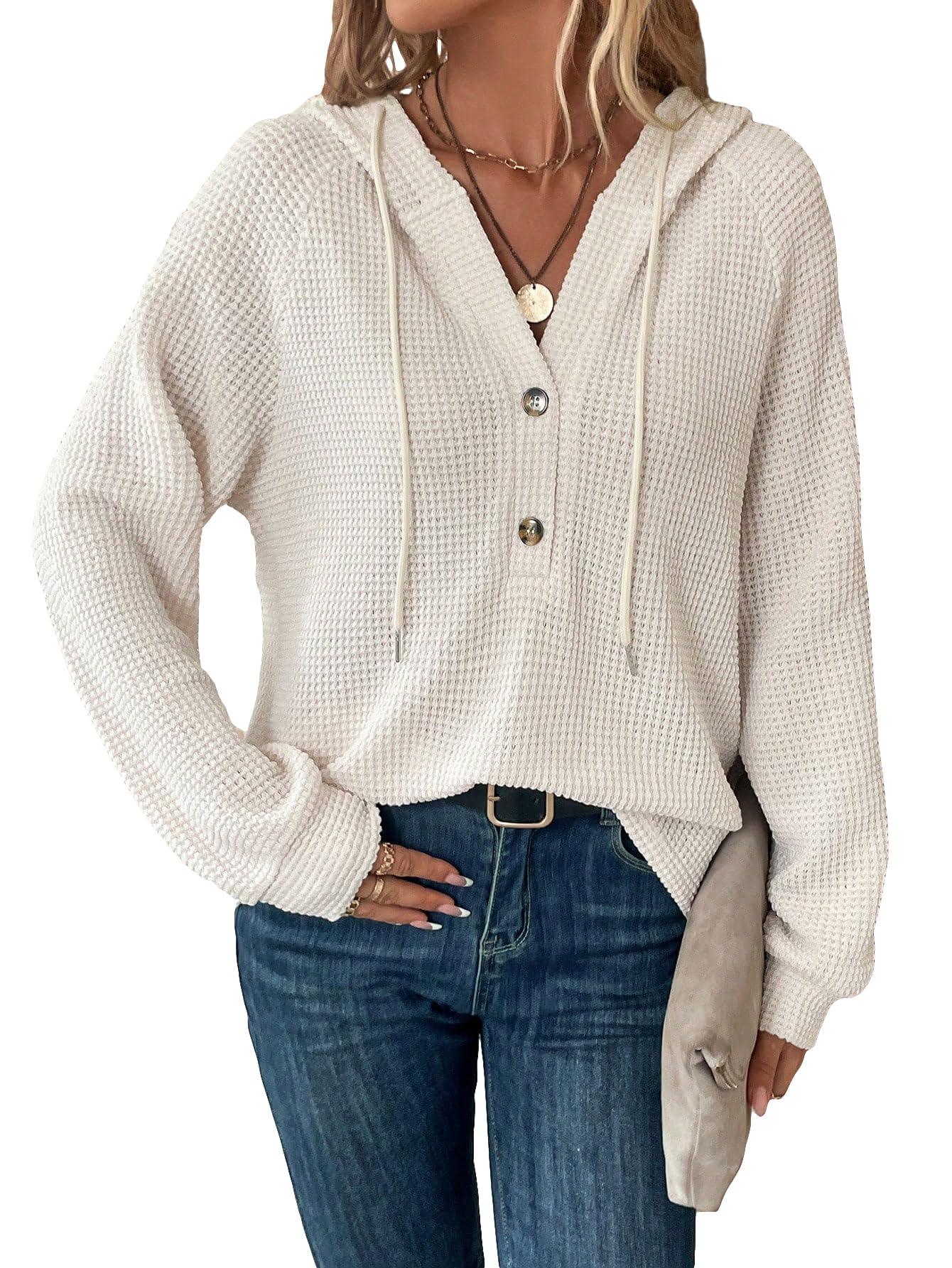 WDIRARA Women's Oversized Hoodie - Soft Waffle Knit Sweatshirt with V-Neck & Button Front - Cozy Pullover for Casual Wear, Lounge & Fall Outfits