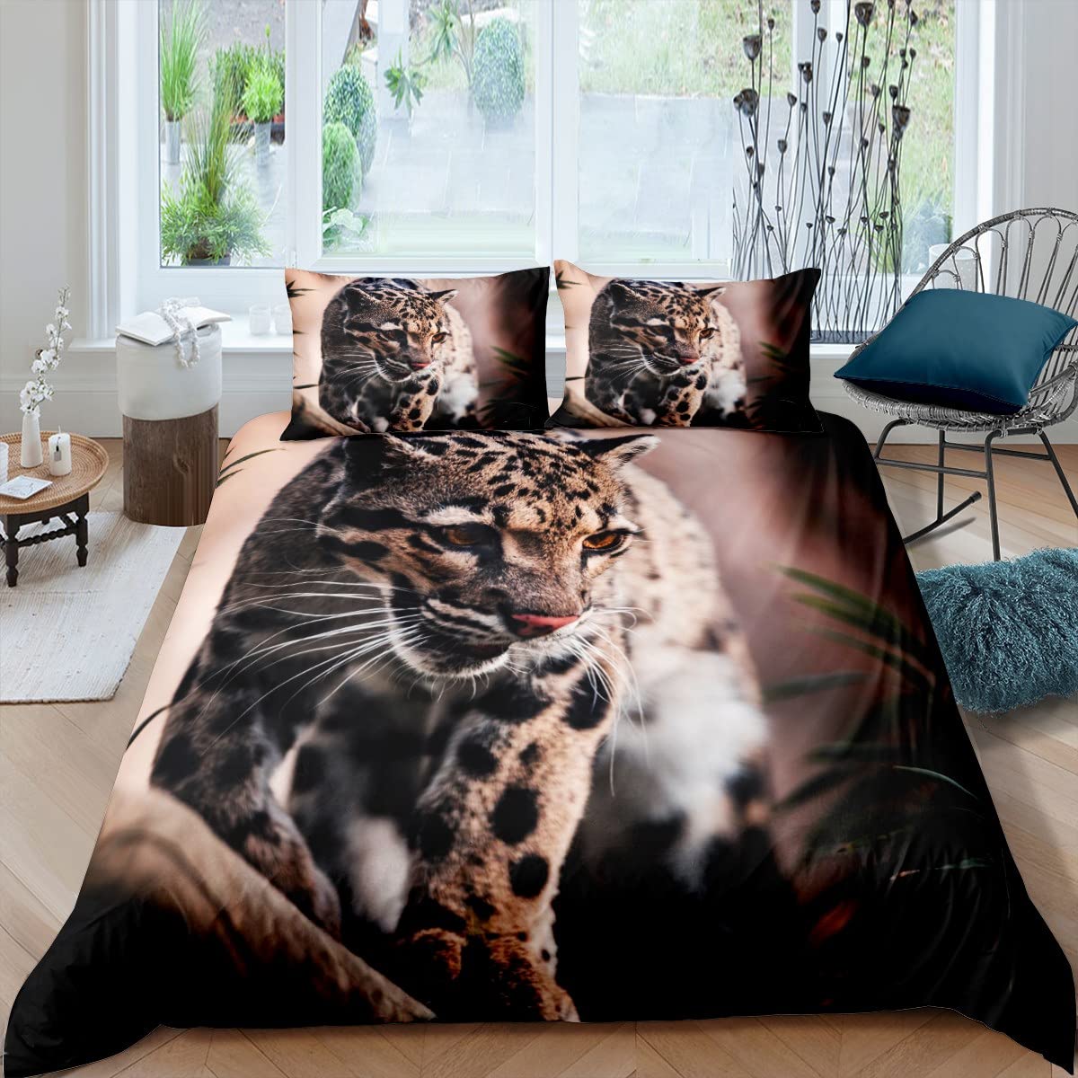 Leopard Print Twin Bedding Set - Wildlife Tropical Animal Theme Duvet Cover with 1 Pillow Sham - Cheetah Leaves Pattern Quilt Cover Set for Kids & Boys (2 Piece) - Perfect for Jungle Themed Bedrooms & Wildlife Lovers' Decor