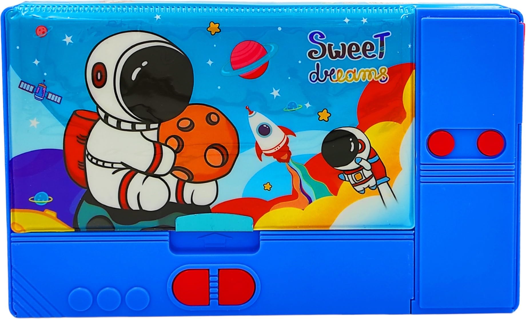 Poksi® Space Theme Jumbo Pencil Case - Double Sided Design with 6 Hidden Push Button Pockets - Large Plastic School Supply Organizer for Kids (Blue) - Perfect for Classroom, Homework & Art Storage
