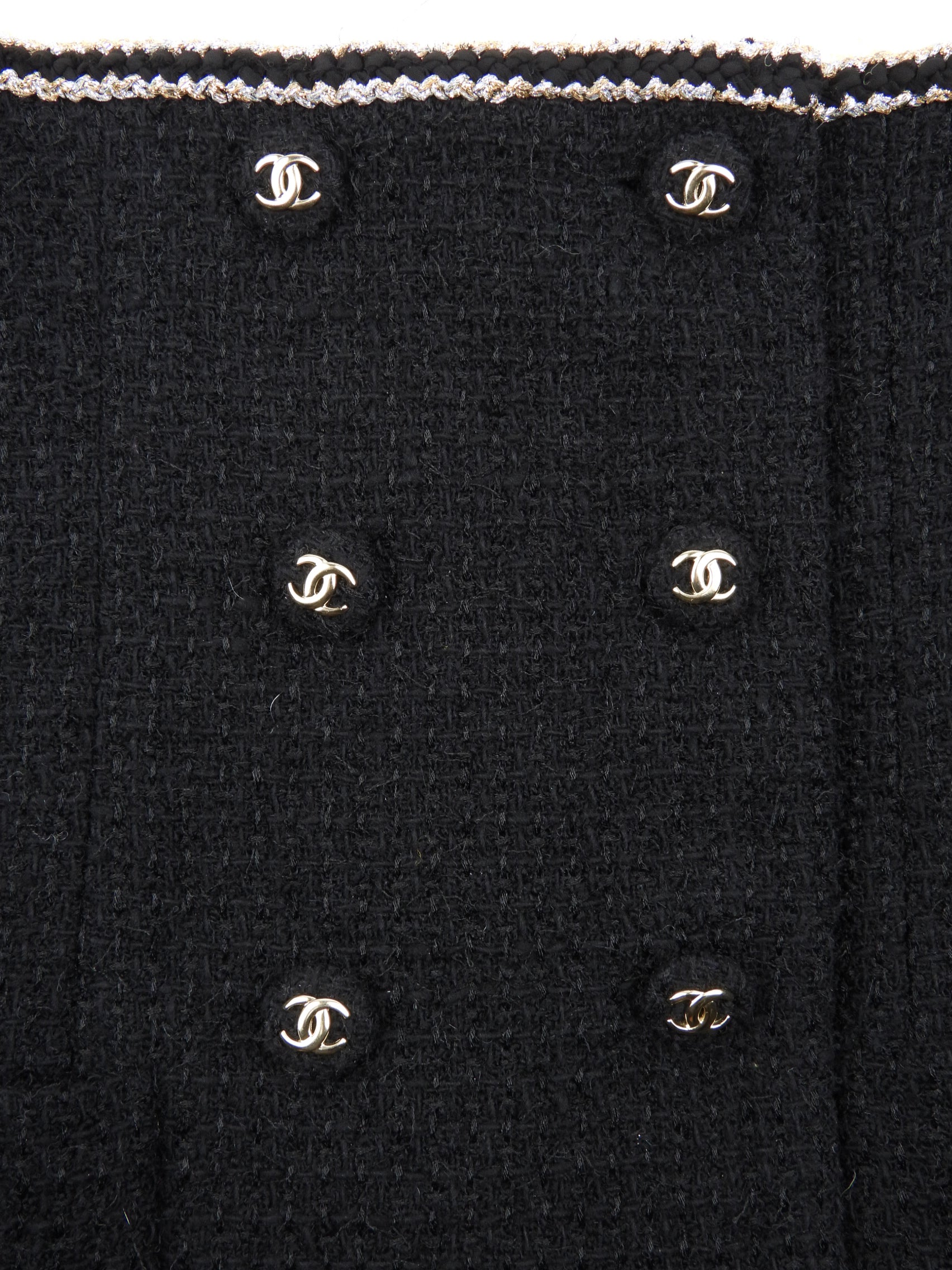 Chanel 20A Black Cream Gold Wool Tweed Double Breasted Jacket Skirt Suit Set FR38 | Luxury Women's Fashion Outfit for Business Meetings & Special Occasions