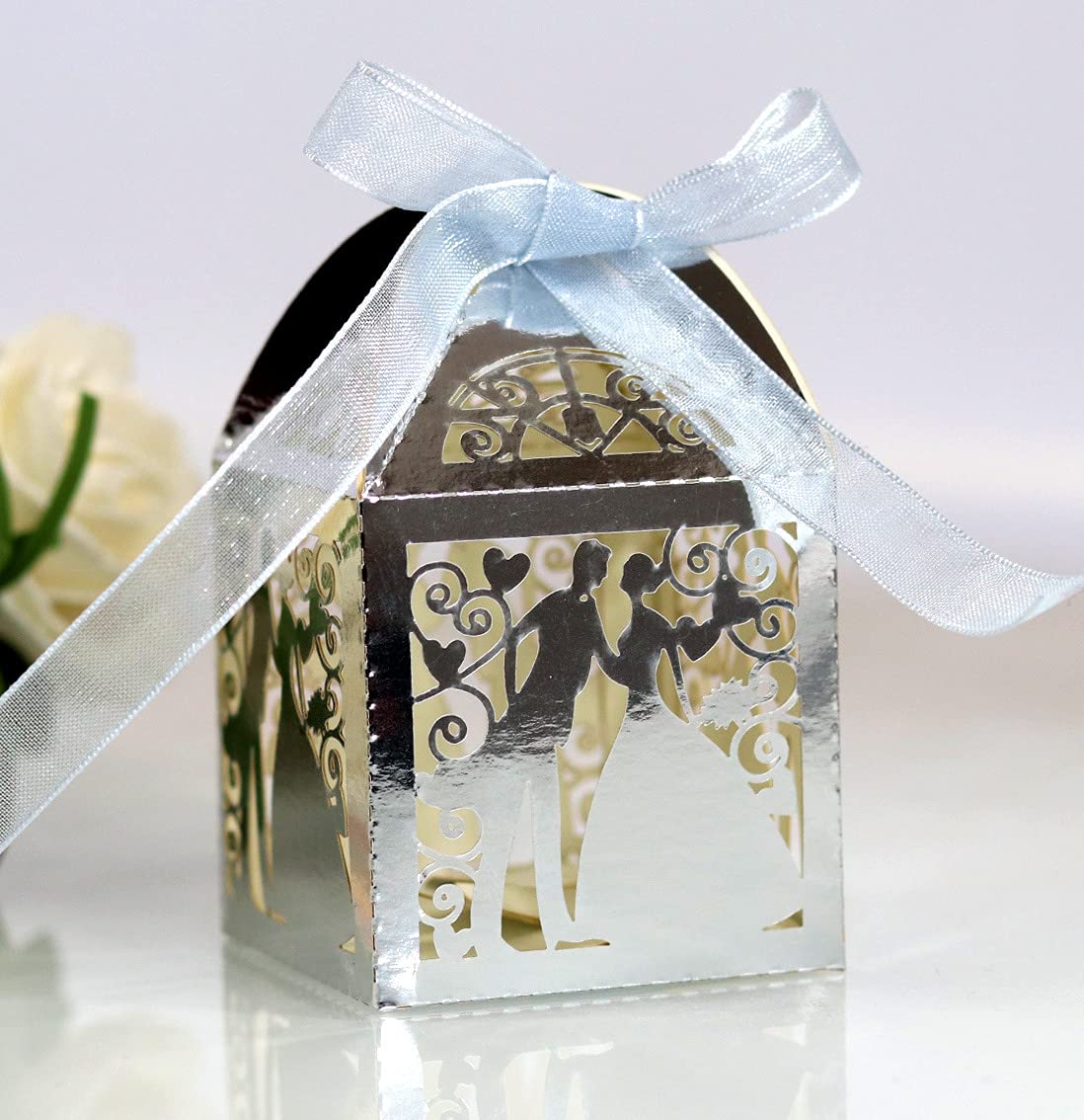 50pcs Luxury Laser Cut Wedding Candy Boxes - Elegant Couple Design with Ribbon, Perfect for Wedding Favors, Party Decorations & Table Settings (Laser Silver) | Great for Bridal Showers, Anniversary Celebrations and Special Events
