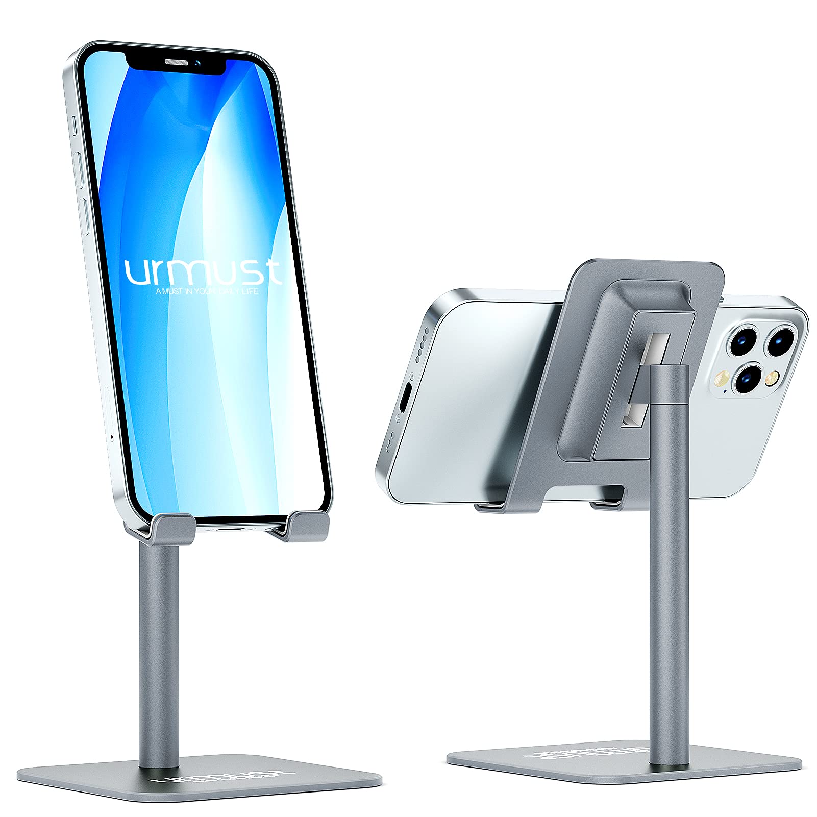 Adjustable Phone Stand Holder for Desk - 360° Rotating Phone Dock for iPhone 14/13/12/11 Pro Max/X/XR/8 Plus/7/6 & Tablets - Ergonomic Gray Office Accessory (Perfect for Video Calls, Reading & Hands-Free Viewing)