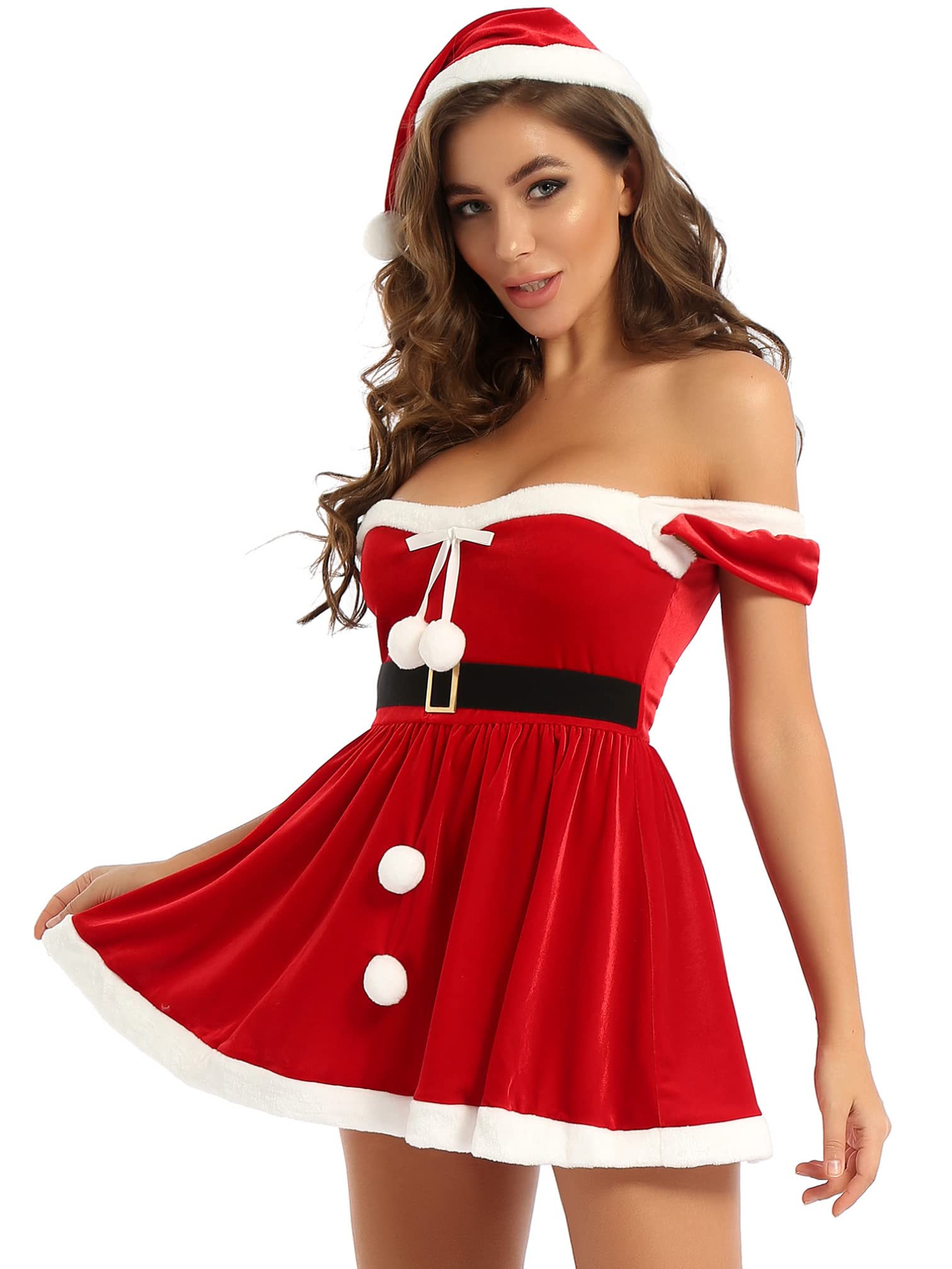 YiZYiF Women's Christmas Santa Claus Costume Set - Sexy Crop Top & Skater Mini Skirt Outfit for Holiday Party, Cosplay, and Festive Celebrations