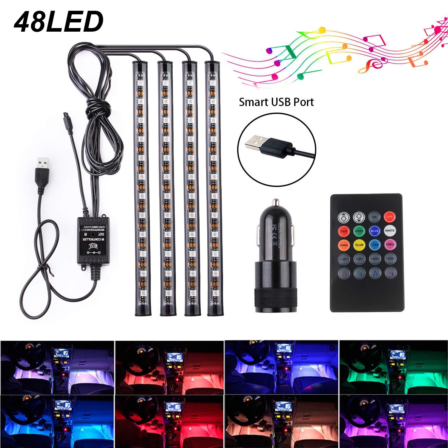48 LED Car Interior Strip Lights - Waterproof RGB Neon Under Dash Lighting Kit with 8 Colors, Music Sensor, USB Plug & Cigarette Charger - Perfect for Car Decor, Parties & Night Driving
