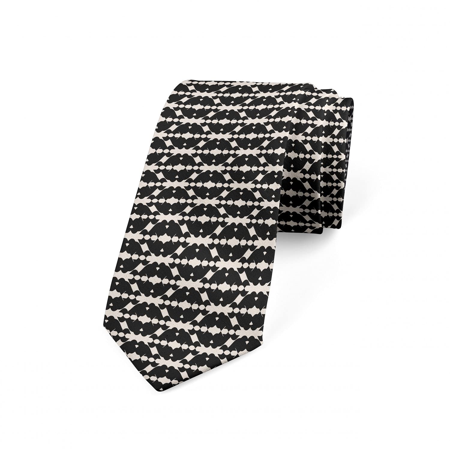 Ambesonne Men's Necktie - Monochrome Mesh Lattice Pattern, 3.7 Inch Width, Charcoal Grey & Ivory - Perfect for Business Meetings, Weddings & Formal Events