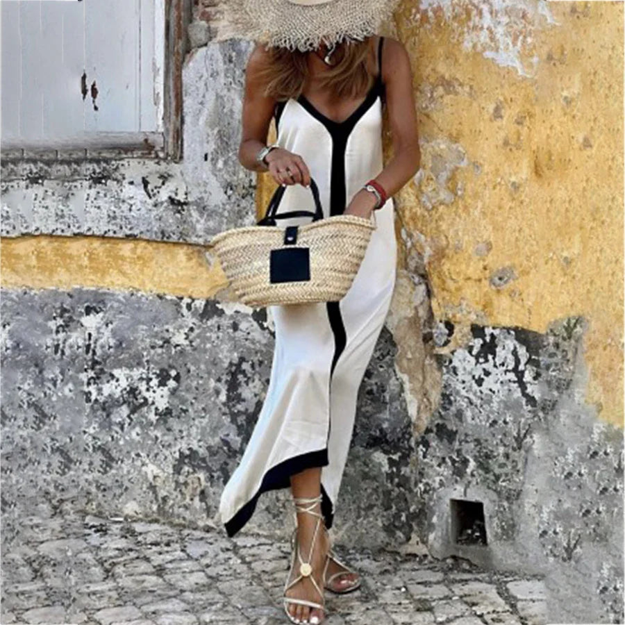 Elegant Black & White V-Neck Maxi Dress - Solid Color Women's Swim Cover Up | Luxury Beachwear for Poolside, Vacation & Summer Outfits