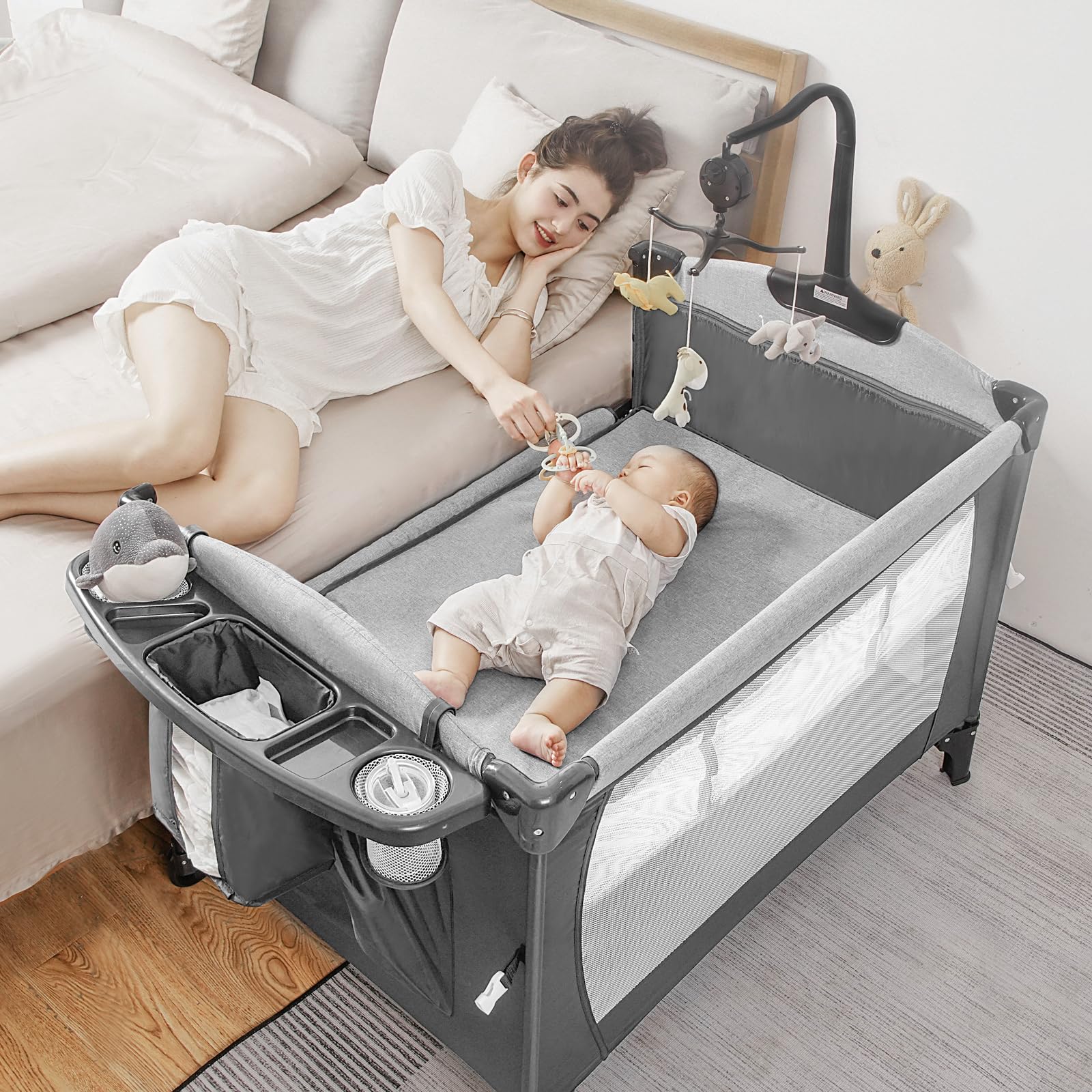 5-in-1 Portable Baby Playard with U-Shaped Diaper Changer & Adjustable Height - Convertible Bassinet Bedside Sleeper for Newborns & Toddlers - Includes Carry Bag for Travel & Nursery Use at Home