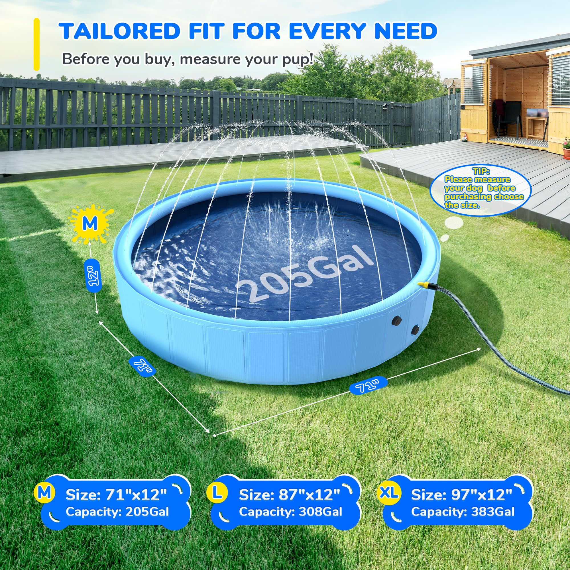 71'' Foldable Dog Pool for Large Dogs - Non-Slip Kids Swimming Pool with Sprinkler | Heavy Duty Hard Plastic Kiddie Splash Pad for Backyard Fun (Blue) | Perfect for Summer Playtime, Pet Bathing & Outdoor Water Activities