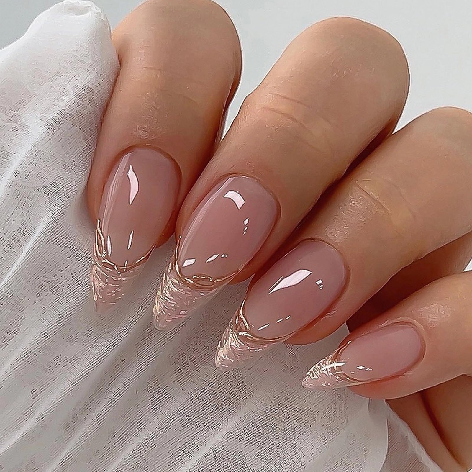 MISUD 24pcs Almond Press on Nails - Chrome Bling Aurora French Tip Fake Nails with Gold Swirl & Pearl Flash Design for Women | Perfect for Parties, Weddings, and Special Occasions