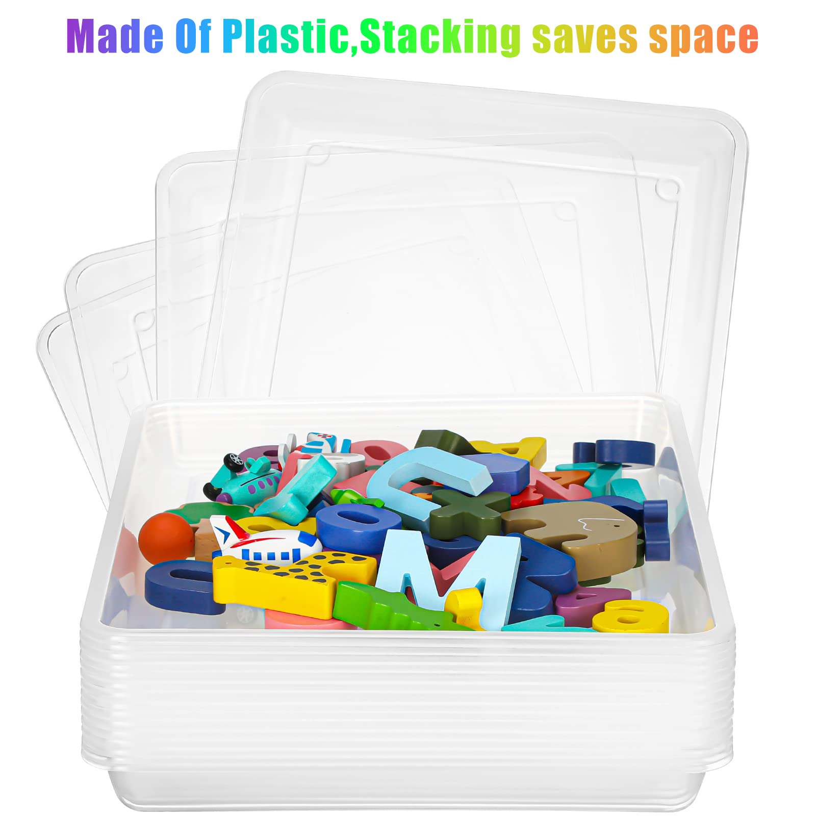 Maitys 15-Piece Clear Plastic Stackable Trays - 16.1 x 11.8 Inch Sensory Storage Bins for Classroom, Office & Home Organization - Perfect for Arts & Crafts Supplies, School Projects, and Kitchen Pantry Storage