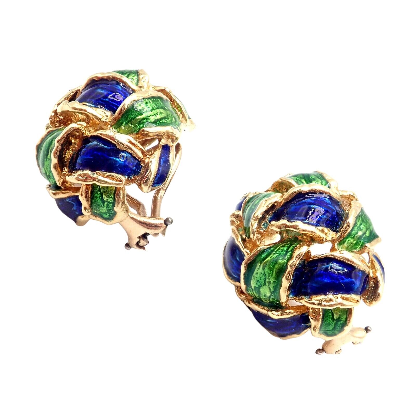 Vintage Tiffany & Co Green Blue Enamel 18k Yellow Gold Basket Weave Earrings - Luxury Jewelry for Women, Perfect for Weddings, Parties & Special Occasions