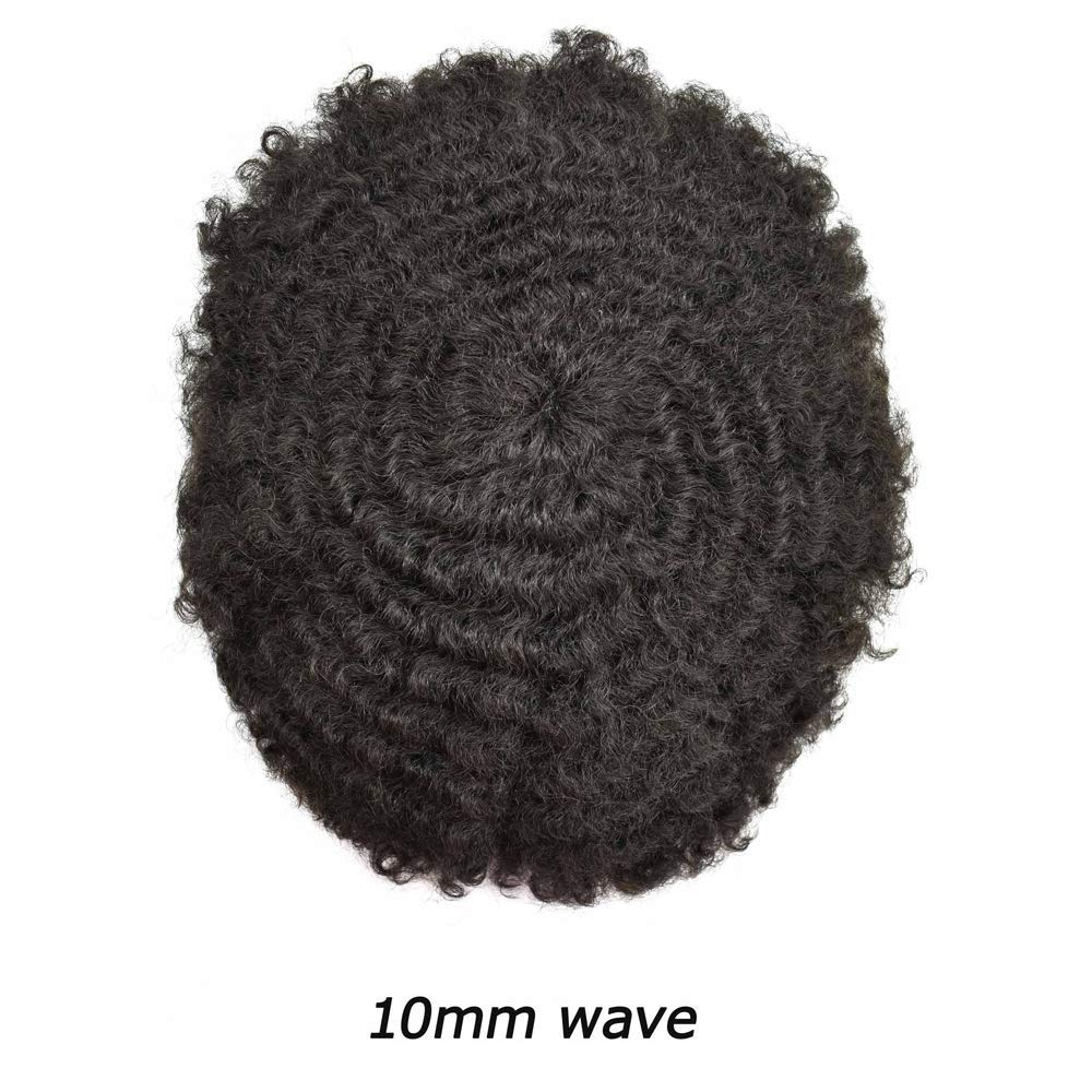 Afro Toupee for Black Men - 100% Human Hair Piece 8''X10'' Cuttable - African American Curly Unit (10mm Wave, Jet Black #1) - Perfect for Daily Wear, Cosplay & Hair Loss Solutions
