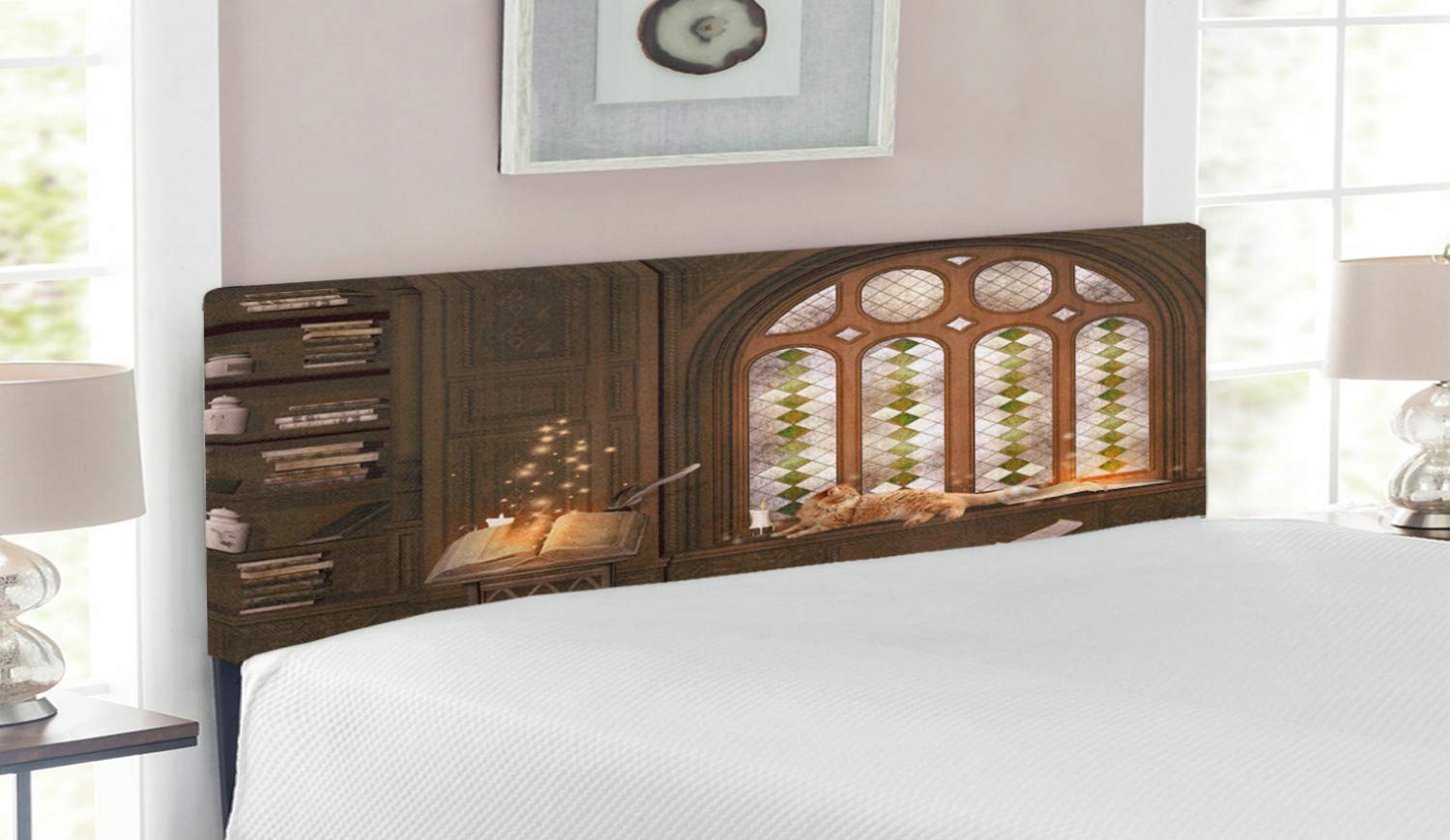 Ambesonne Gothic Upholstered Headboard with Memory Foam - Queen Size Taupe Medieval Library Cat Print - Vintage Mansion Decor for Bedroom, Study Room or Gothic Theme Interior Design