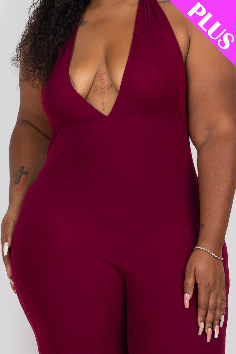 Plus Size Halter V Neck Ribbed Bodycon Jumpsuit for Women - CAPELLA | Stretchy & Flattering Outfit for Casual Wear, Date Night & Party